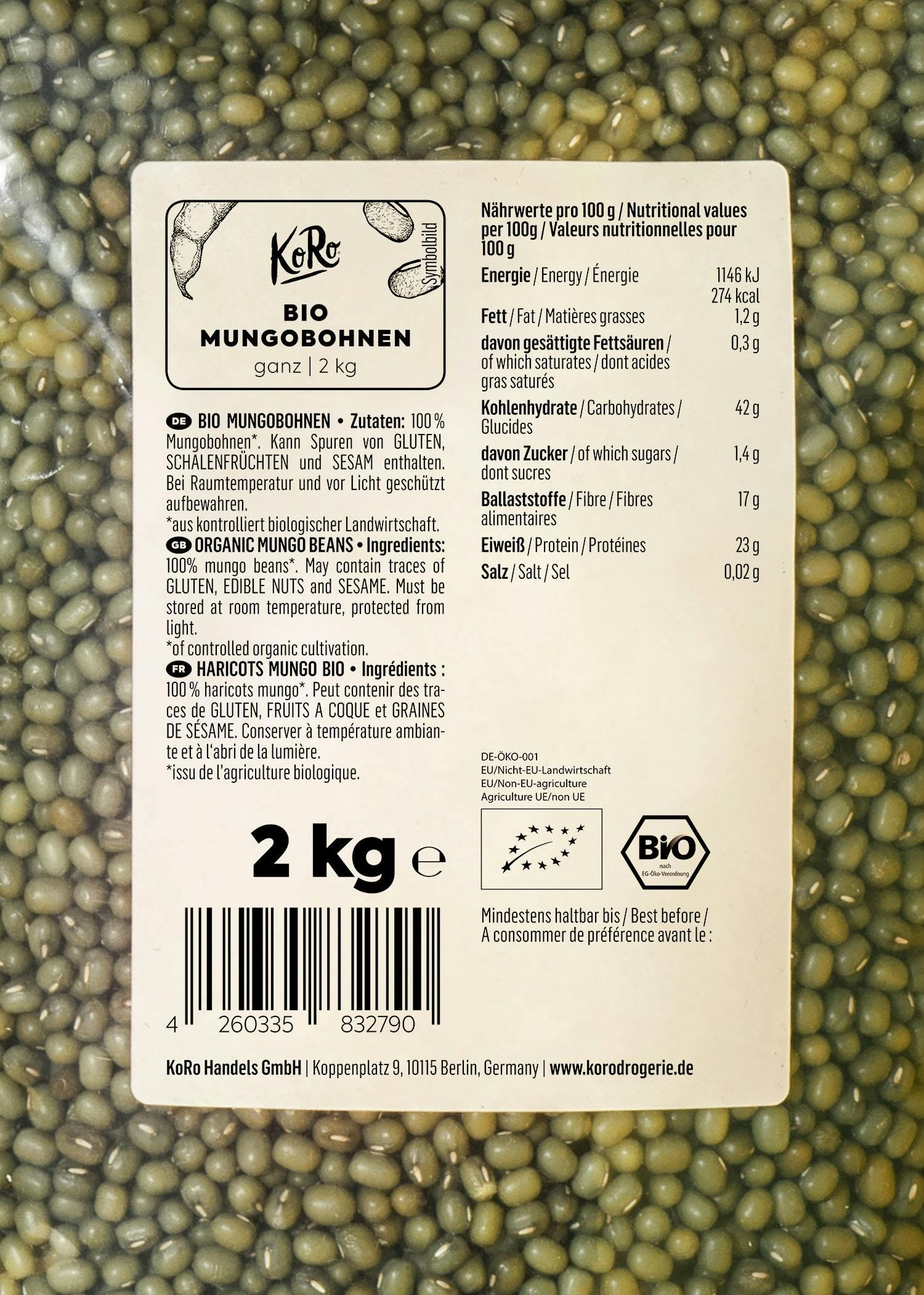 KoRo - Fagioli mung bio 2 kg - Legumi ricchi di proteine da coltivazione biologica in confezione risparmio