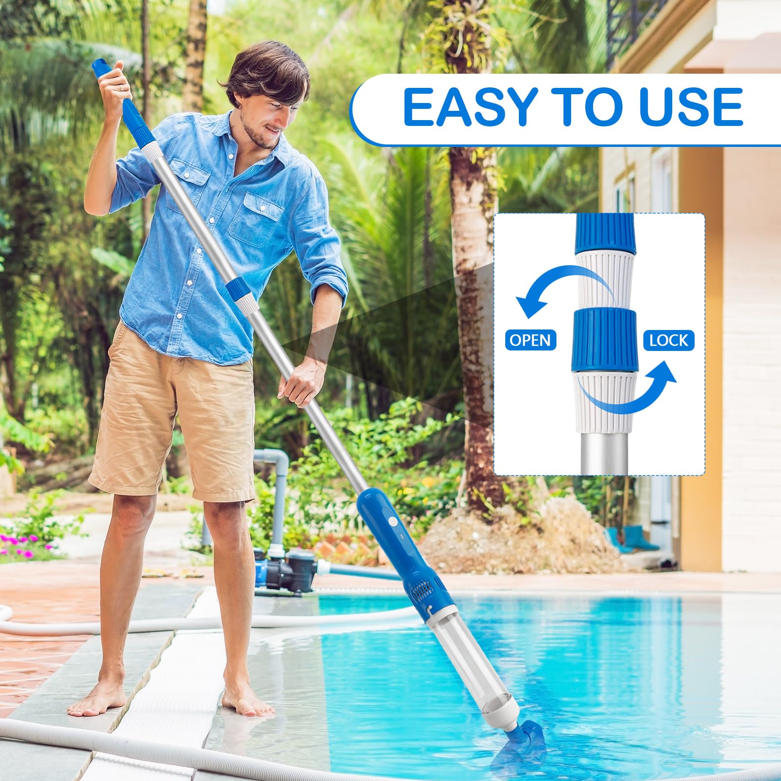 Aspirateur de Piscine sans Fil, 3 en 1 Rechargeable Aspirateur Manuels de Piscine Portable avec Manche Télescopique, Nettoyeur de Piscine Électrique pour Piscine, Spa, Jaccuzi
