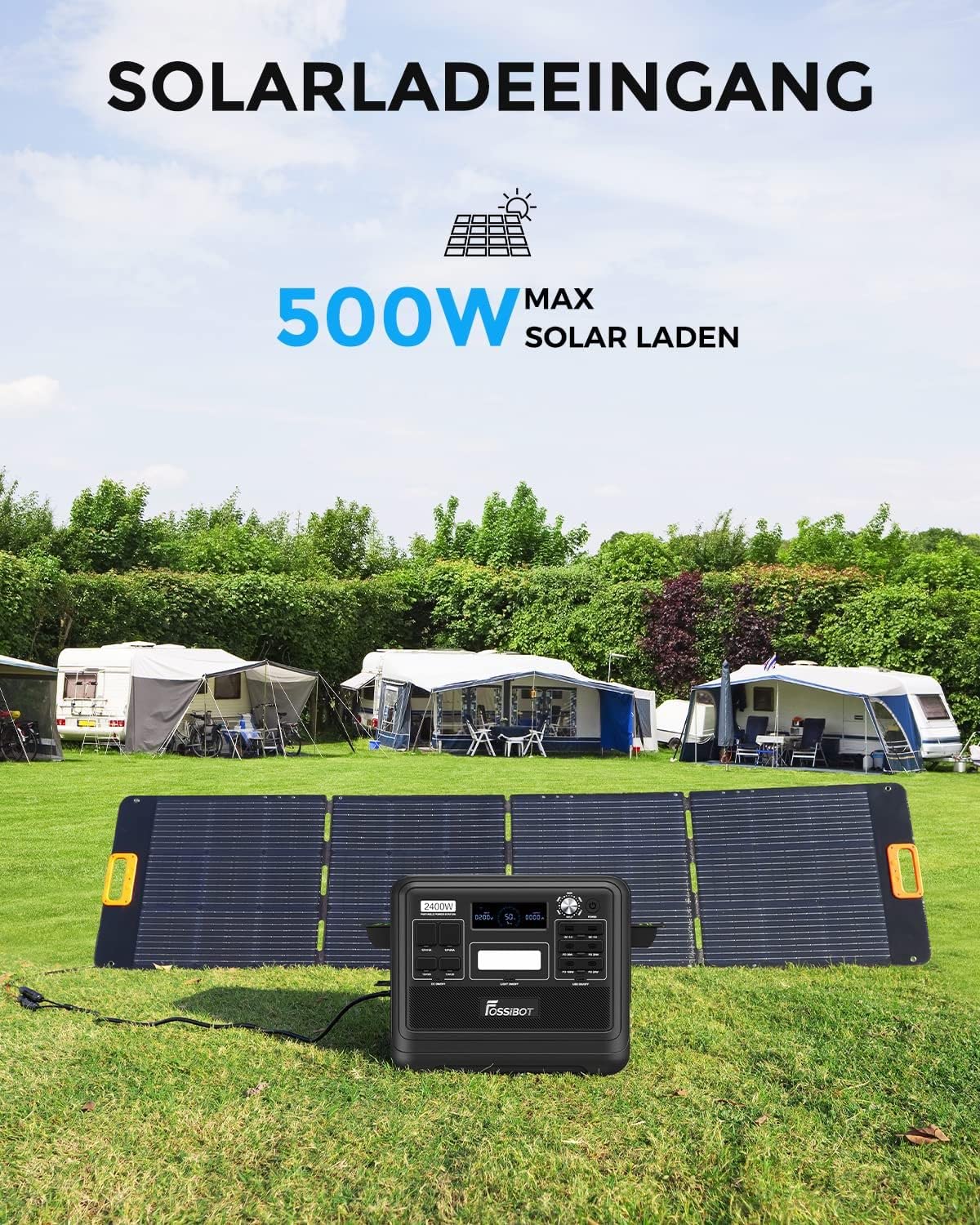 FOSSIBOT Generatore Solare F2400, Pezzo con Pannello Solare da 400W, LiFePO4 da 2048 Wh, Uscita AC da 2400W, Centrale Elettrica Portatile Adatta per Case, Campeggio e Situazioni di Emergenza