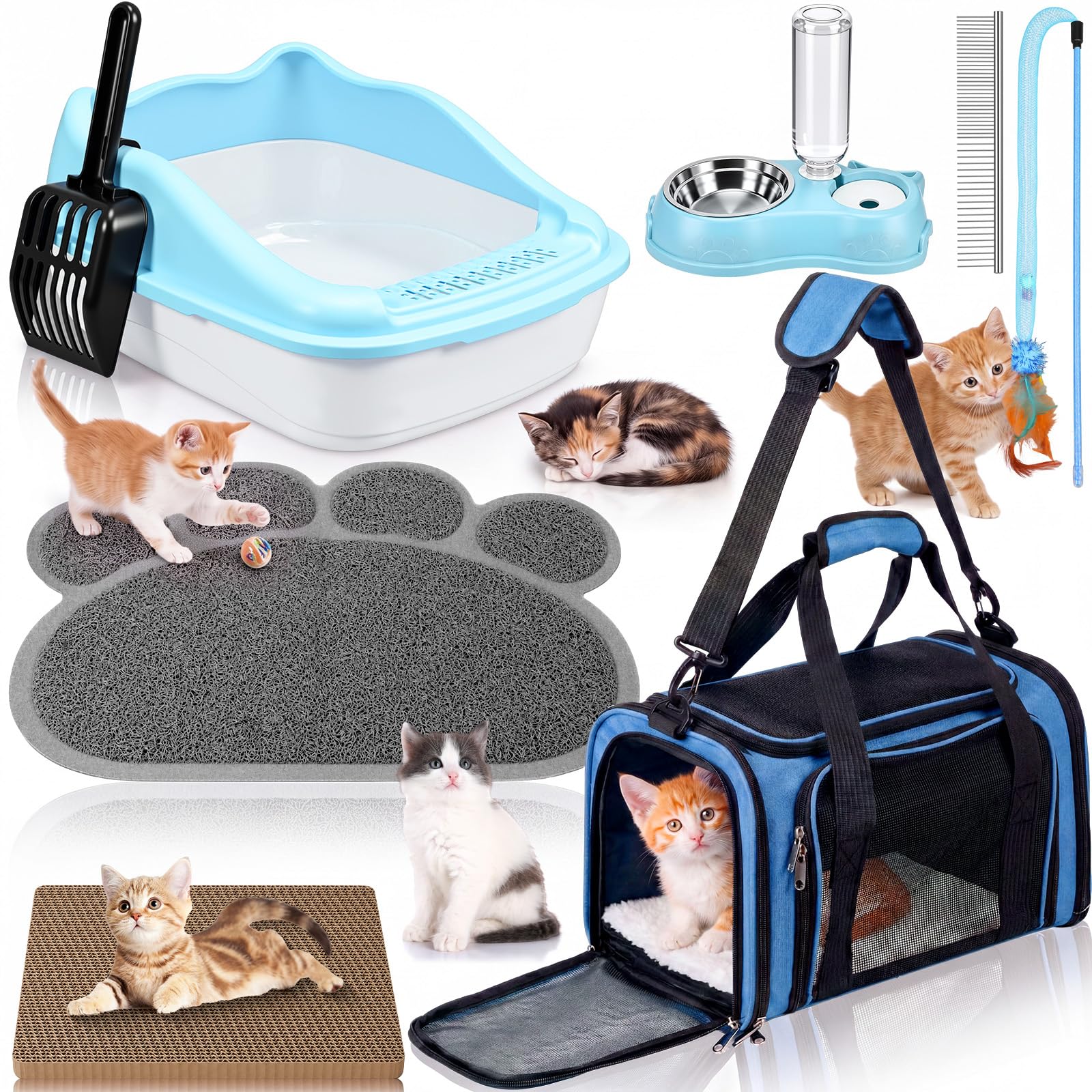 8-teiliges Starter-Set für Kätzchen, Katzen-Kätzchen-Starter-Set, enthält Katzentoilette, Matte, Schalen, faltbare Tragetasche, Kratzunterlage, Zubehör für Willkommensgeschenk (blau)