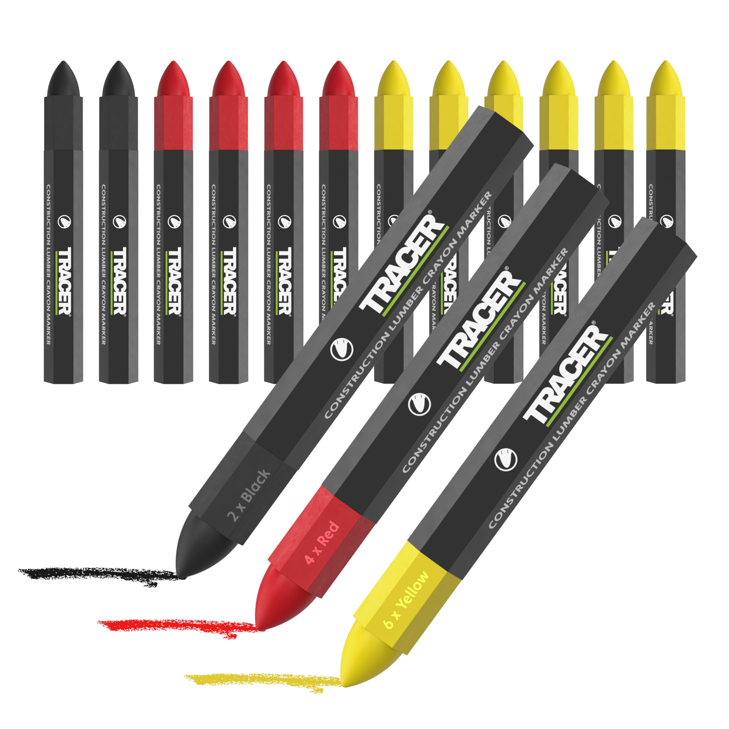 Tracer Construction Lumber Crayon Markers, Pack of 12 - Mixed Colours. 6 x Yellow, 4 x Red, 2 x Black, Multi Surface Marking Crayons