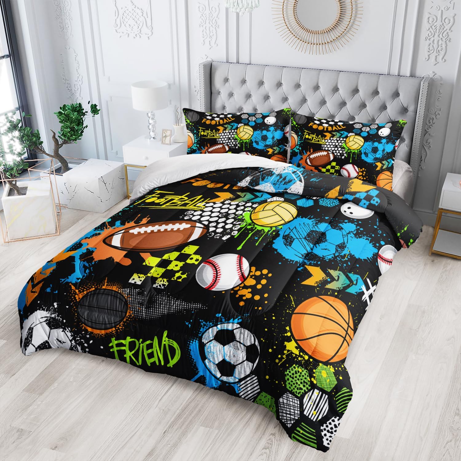 AILONEN 3 Piece Kids Balls Comforter Set Twin Size,Printing Football Soccer Basketball Baseball Tennis Sports Bedding Set for Kids Boys Girls,1 Comforter and 2 Pillowcases
