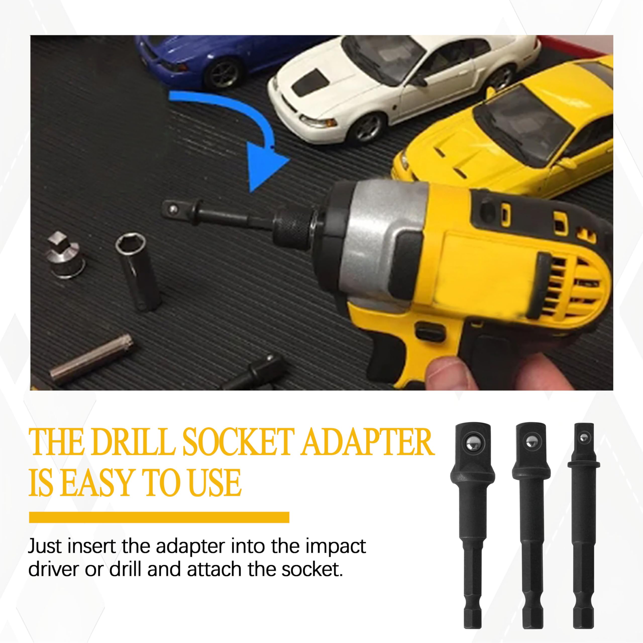 Rawolp 3-Piece Socket Adapter Set For DeWalt Impact Driver - 1/4", 3/8", 1/2" Drive Hex To Socket Adapters