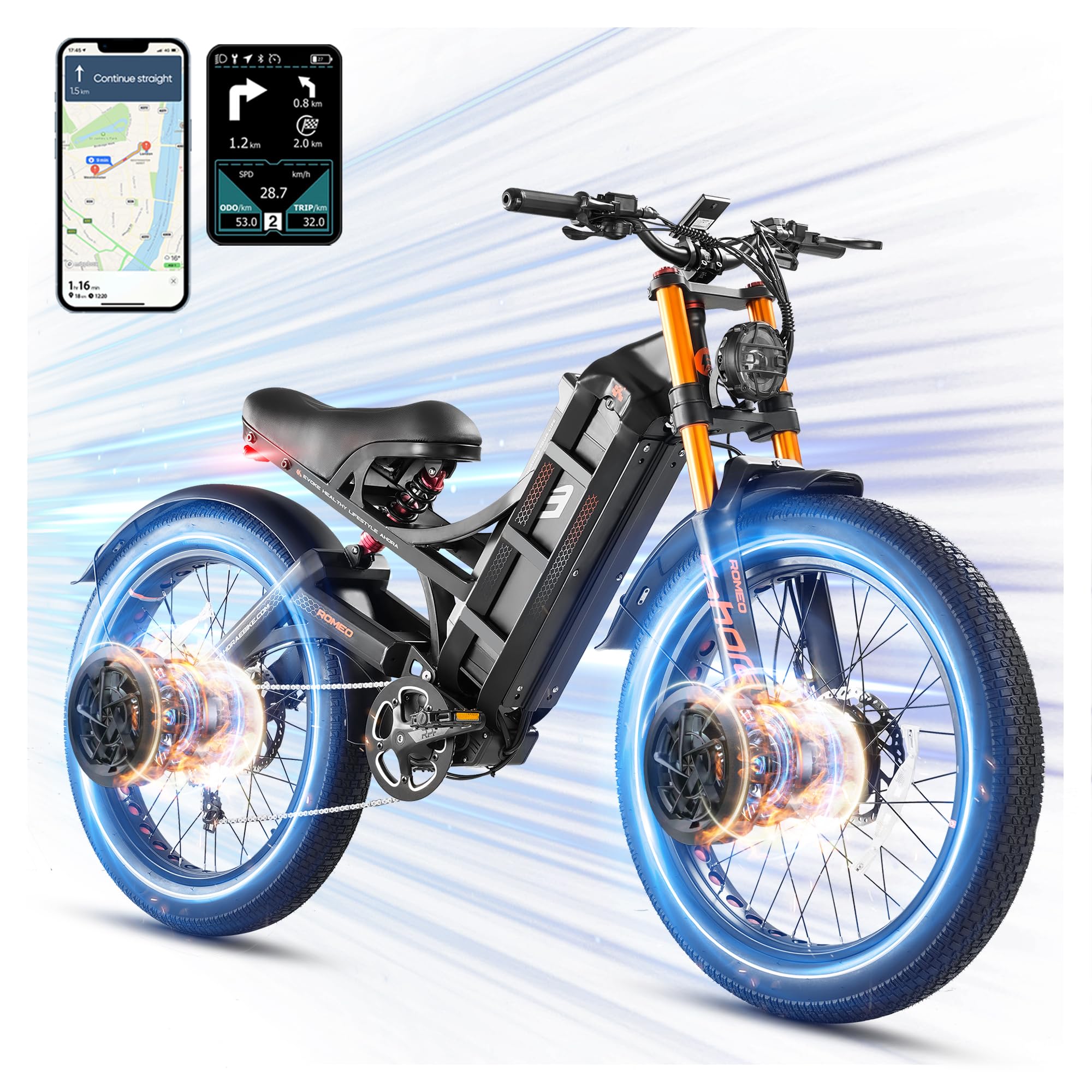 eAhoraRomeo Pro 1600W 60AH Electirc Bike for Adults 100-200 Miles Long Range Ebike 26"*4.0 Fat Tires Electric Mountain Bike Full Suspension Electric Bicycle with APP Control