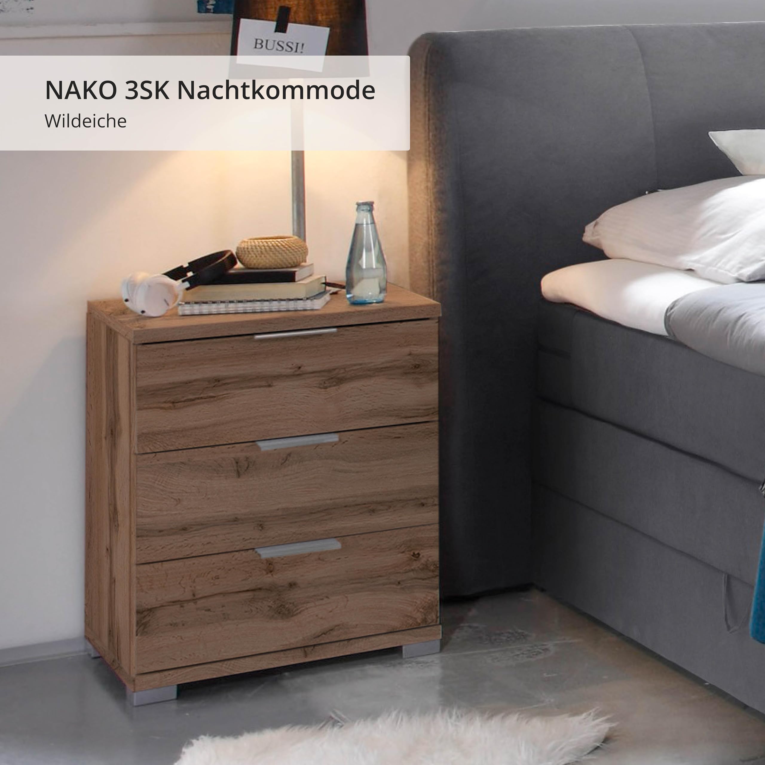Stella Trading Universal Nachttisch in Wildeiche Optik - Moderner Nachtschrank mit drei Schubladen für Ihr Boxspringbett - 46 x 61 x 42 cm (B/H/T)