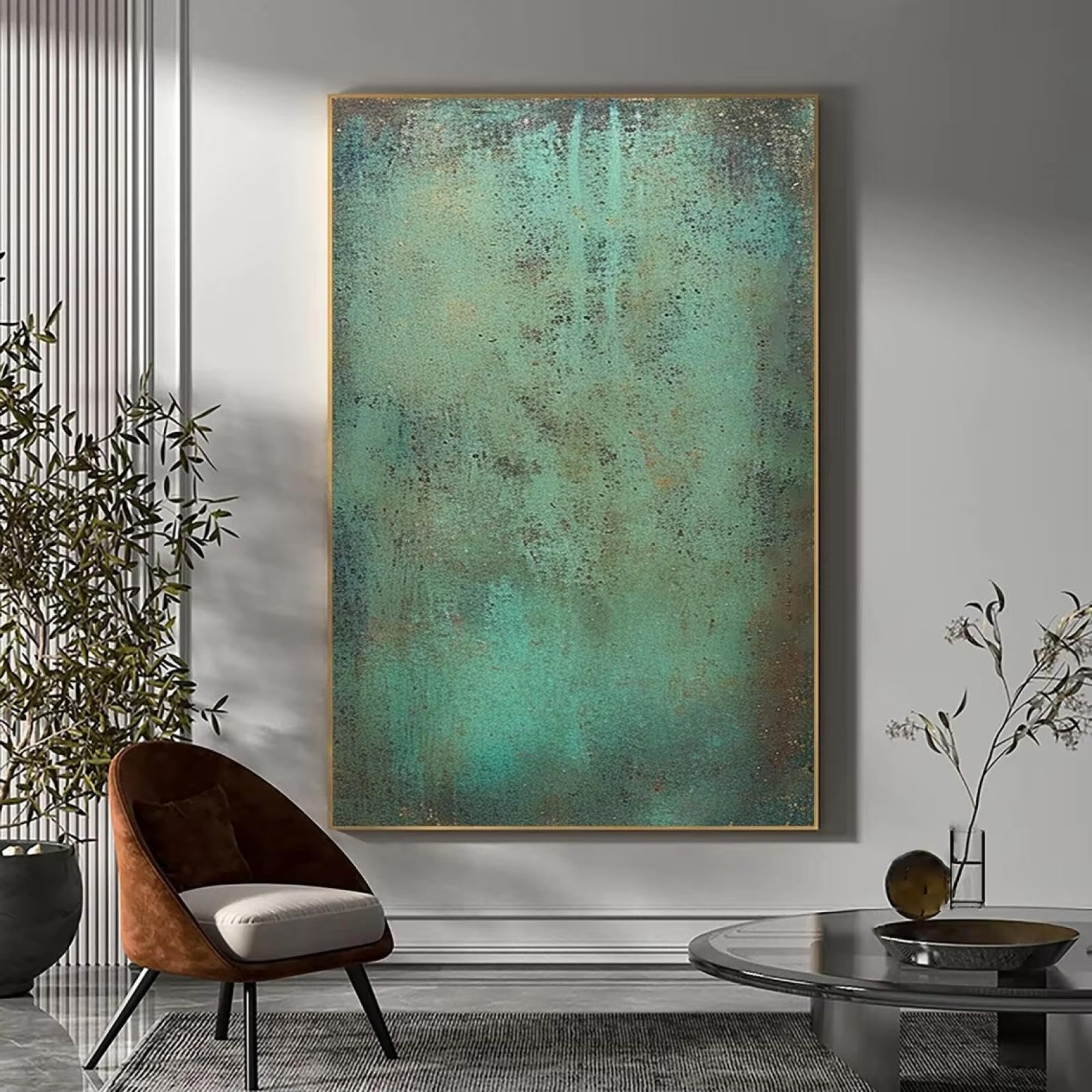 WUDUM Gran arte de pared verde,pintura abstracta verde,pintura minimalista verde sobre lienzo,arte de pared wabi-sabi,decoración de pared moderna,31" x 47" (80 x 120 cm) con marco dorado