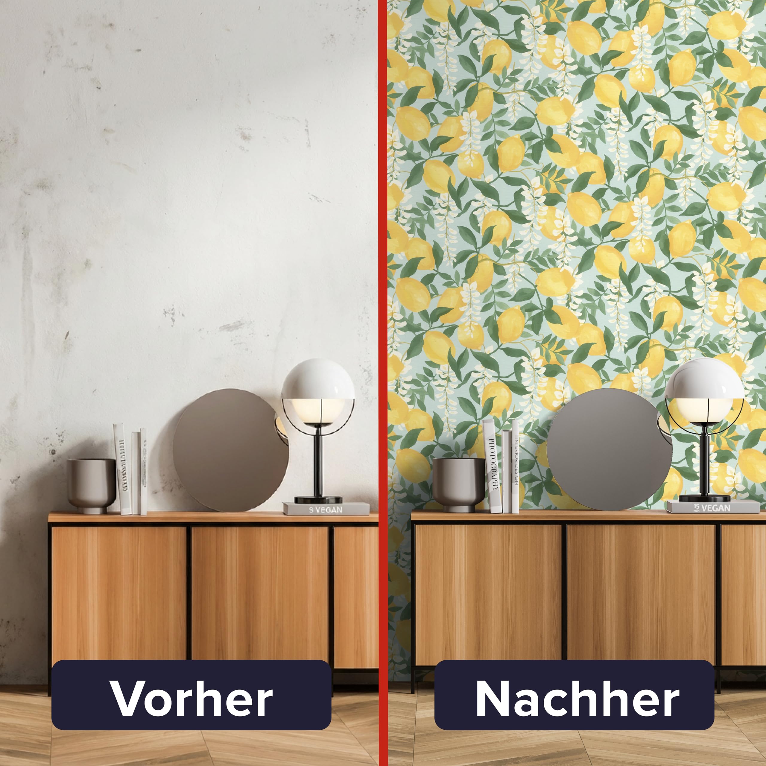 Rasch Papel pintado autoadhesivo de limón Portofino, papel pintado texturizado mediterráneo en amarillo, verde y blanco, fácil de colocar sin pegamento con tecnología adhesiva Tesa, 6,00 m x 0,53 m