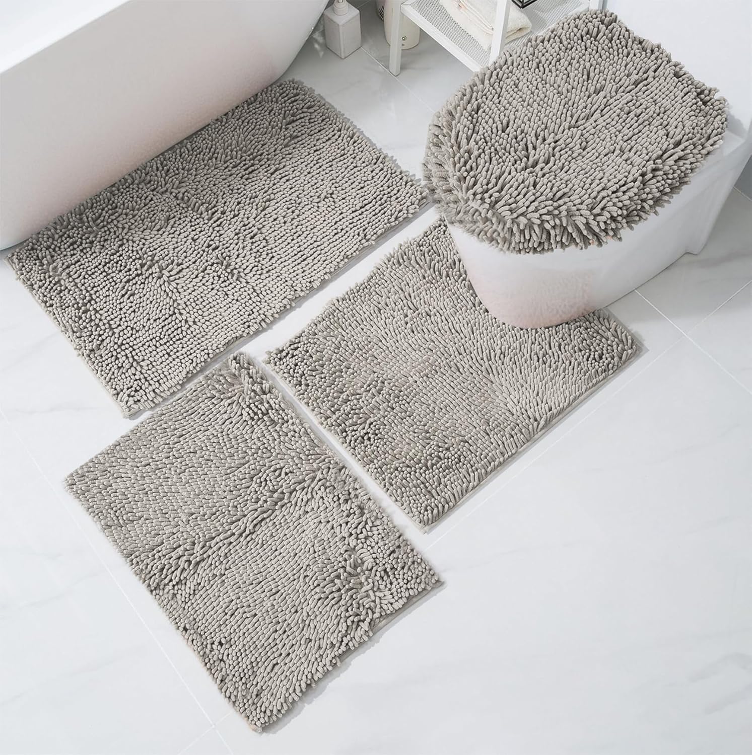 Bathroom Rugs Sets 4 Pieces,Chenille Bath Mats for Bathroom,Super Absorbent Soft Washable Bathroom Carpets,Non Slip Contour Mat Toilet Lid Cover and Bath Rug Mats Shower Mats, Dry Grey
