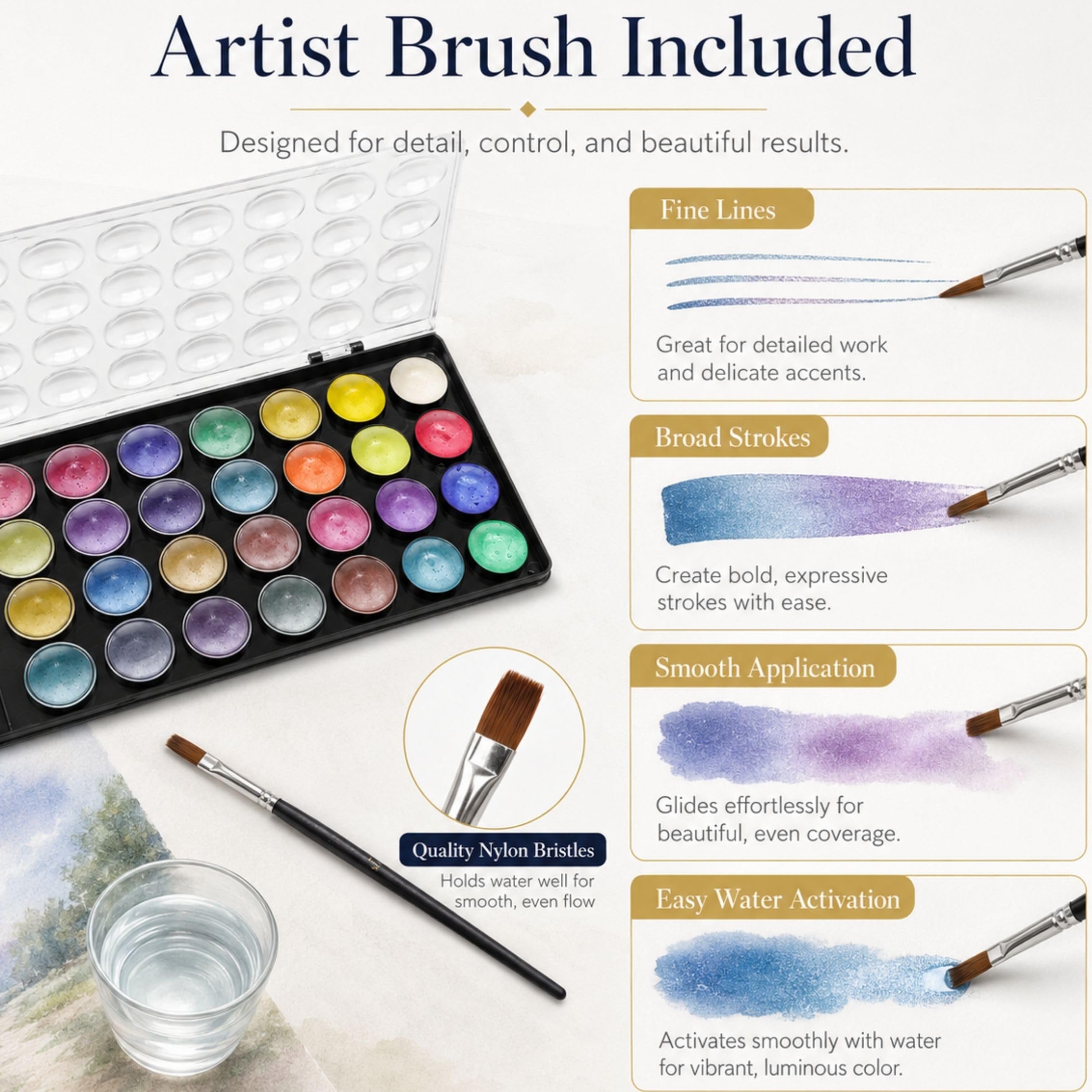 Artme Acuarelas/Paletas metálicas para pasteles de pintura de acuarela con un pincel de artista, 36 colores vibrantes