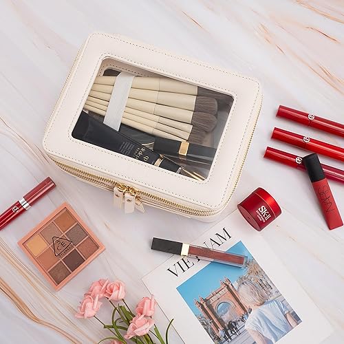 Miniatura 5 de Bolsa de maquillaje transparente con cremallera y asa, bolsa de viaje transparente portátil para mujeres y hombres, Blanco sucio, Moda