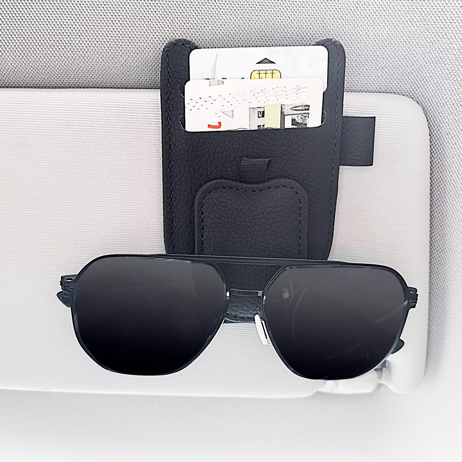 2 Pcs Porta Occhiali Auto Magnetico, Pelle Clip per Biglietti da Visita Supporto Gadget Auto per Occhiali Sole da Auto, Accessori Auto