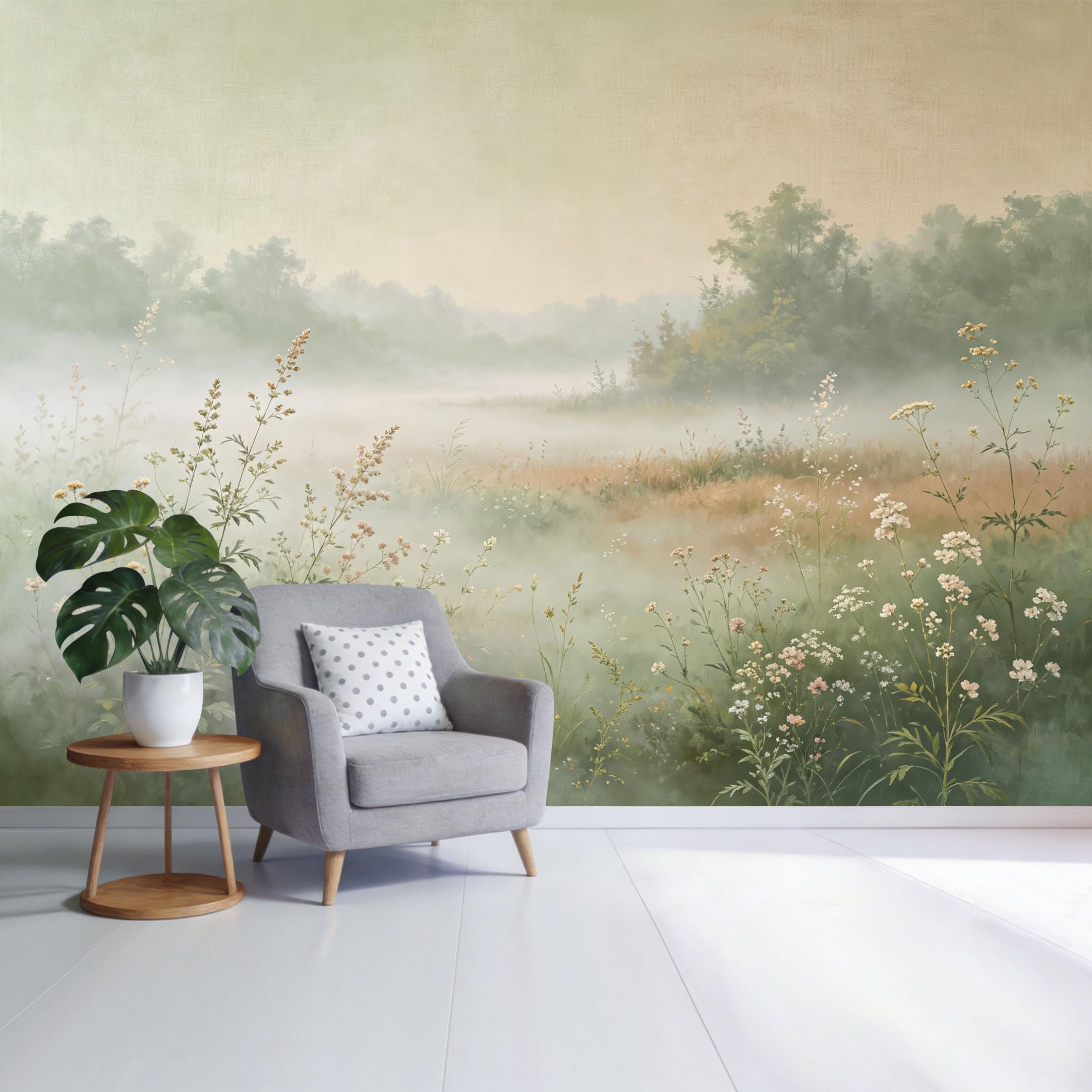 Custom Size Wall Mural Misty Meadow Landscape Wildflowers Botanical Morning Fog Nature Scene SelfAdhesive Wall Fabric Removable Wallpaper for Home Office Decor