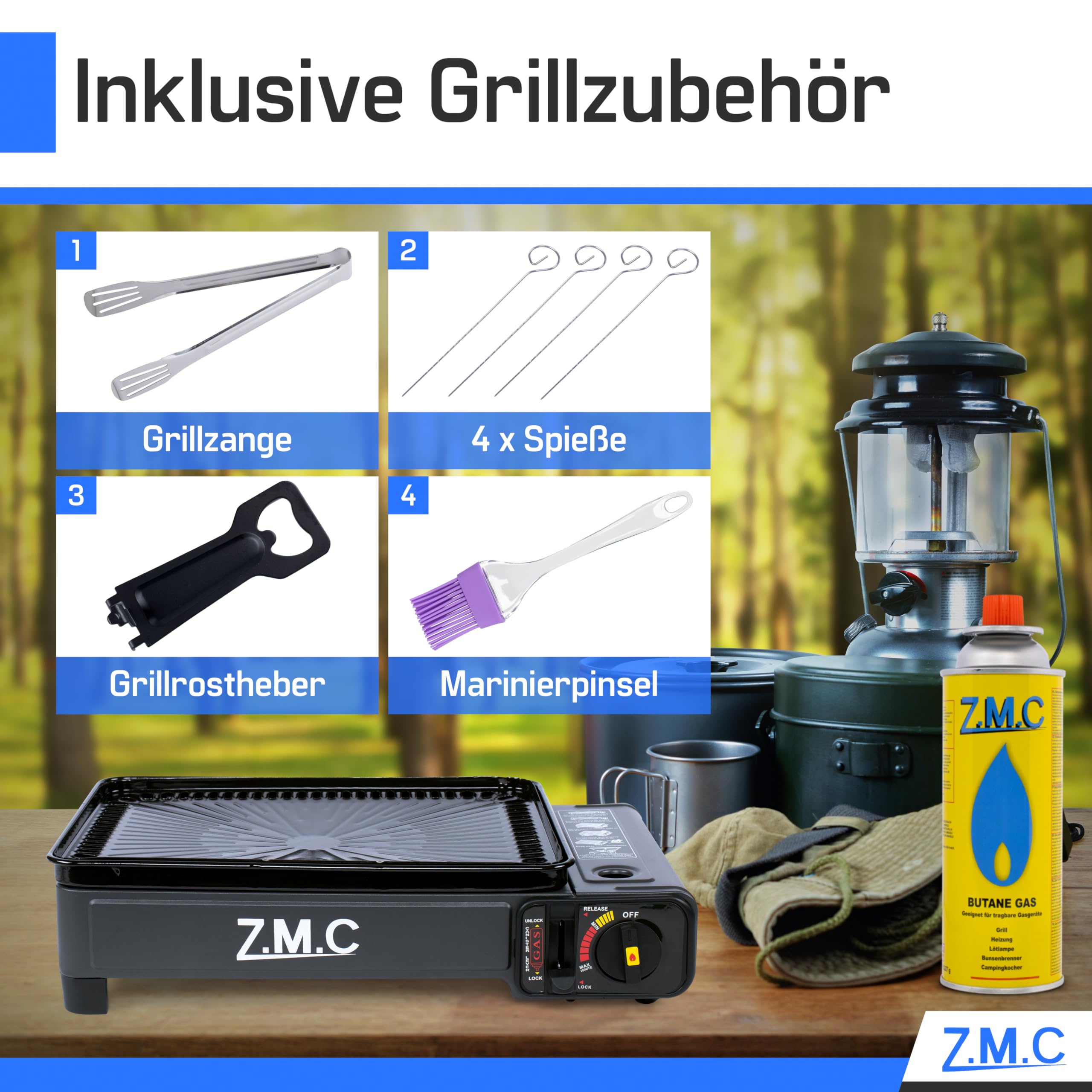 Z.M.C Réchaud de camping et grille à gaz 2 en 1, inclut accessoires pour barbecue et mallette + 12 cartouches de gaz MSF-1a de 227 g, réchaud à gaz de 2,2 kW avec connexion LPG pour camping