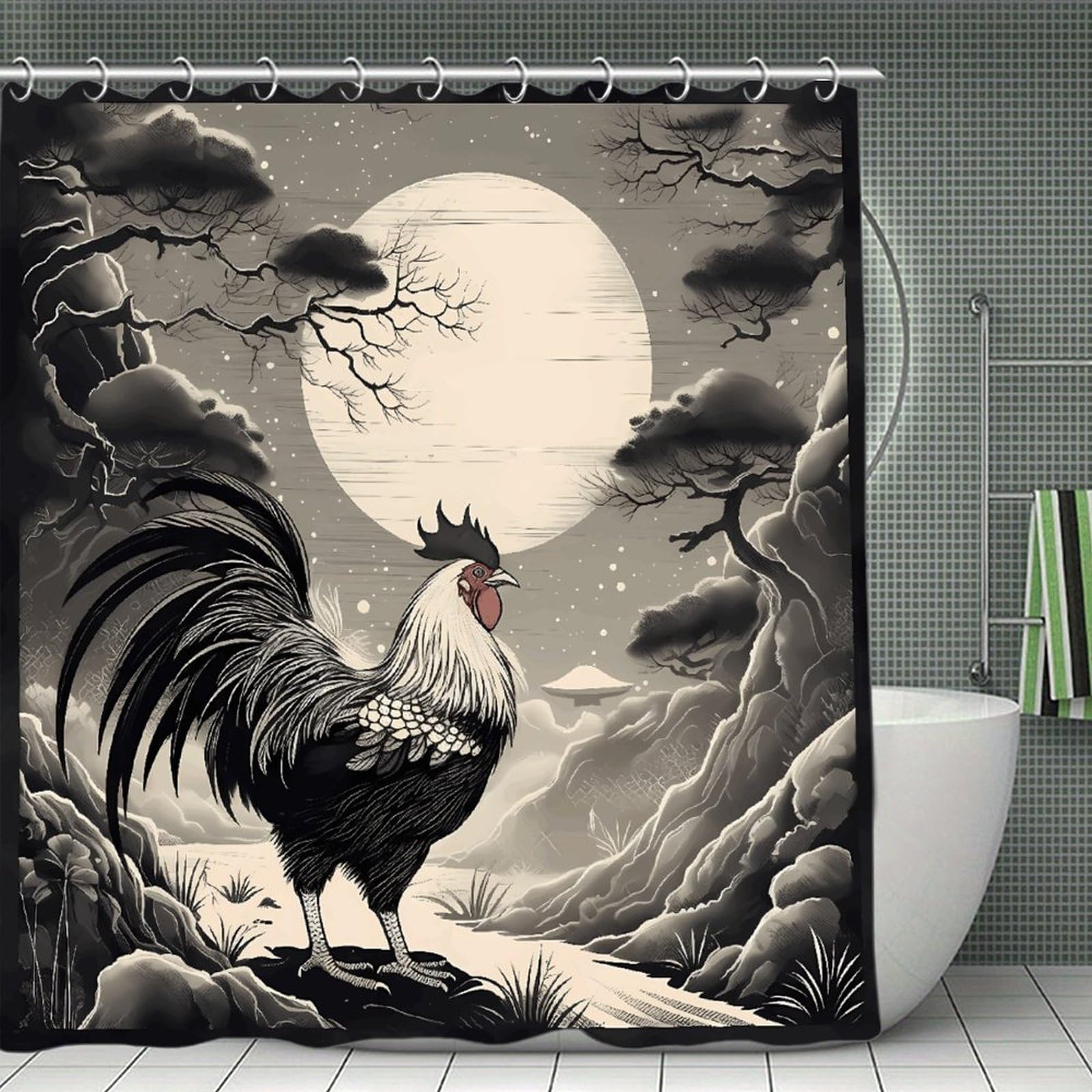 FekiLoot Chicken on The Mountain Shower Curtain Minimalist Aesthetic Bath Curtain with Hooks Simple Water Resistant Bathroom Shower Curtains Cute Blackout Privacy Curtains Cloth Curtain