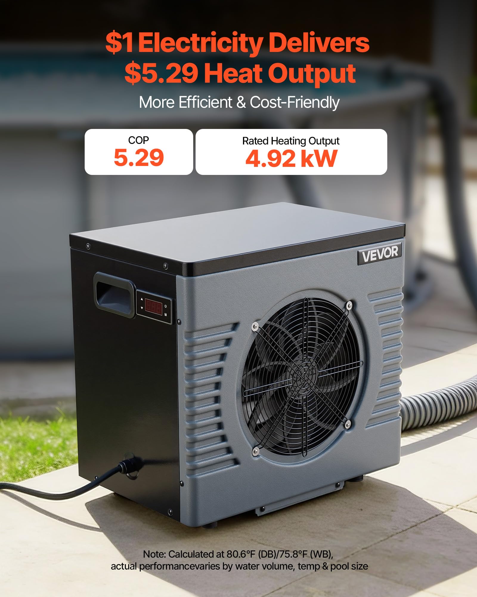VEVOR Pompe à Chaleur pour Piscine 4,92 kW Chauffage Électrique Hors Sol 18 m³ COP 5,29 Faible Niveau Sonore GFCI