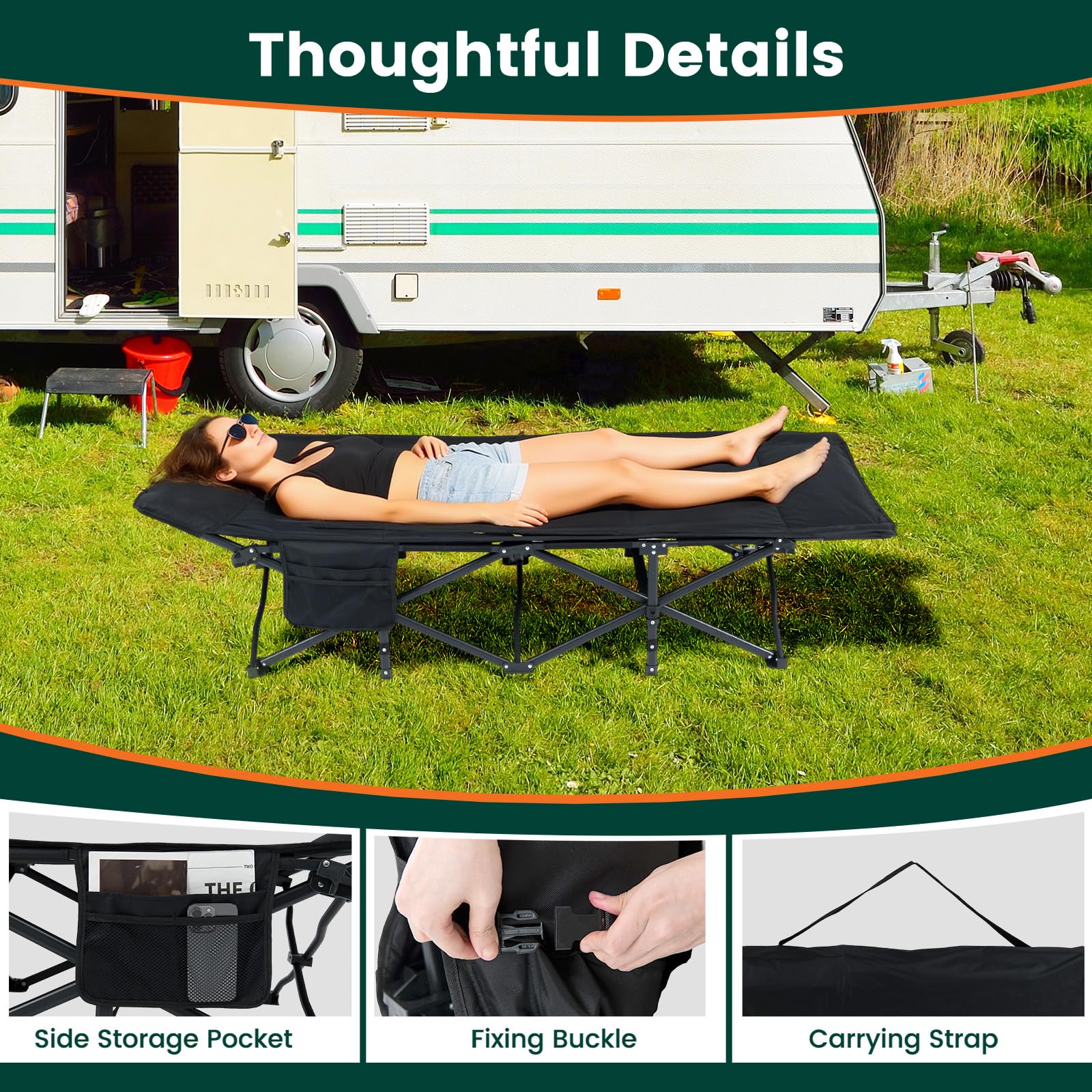 KOMFOTTEU Letto da campeggio con borsa portaoggetti, letto da campo pieghevole con borsa laterale, letto esterno per 1 persona poggiatesta inclinato, carico di 180 kg, per viaggio, campeggio, 189 x 69