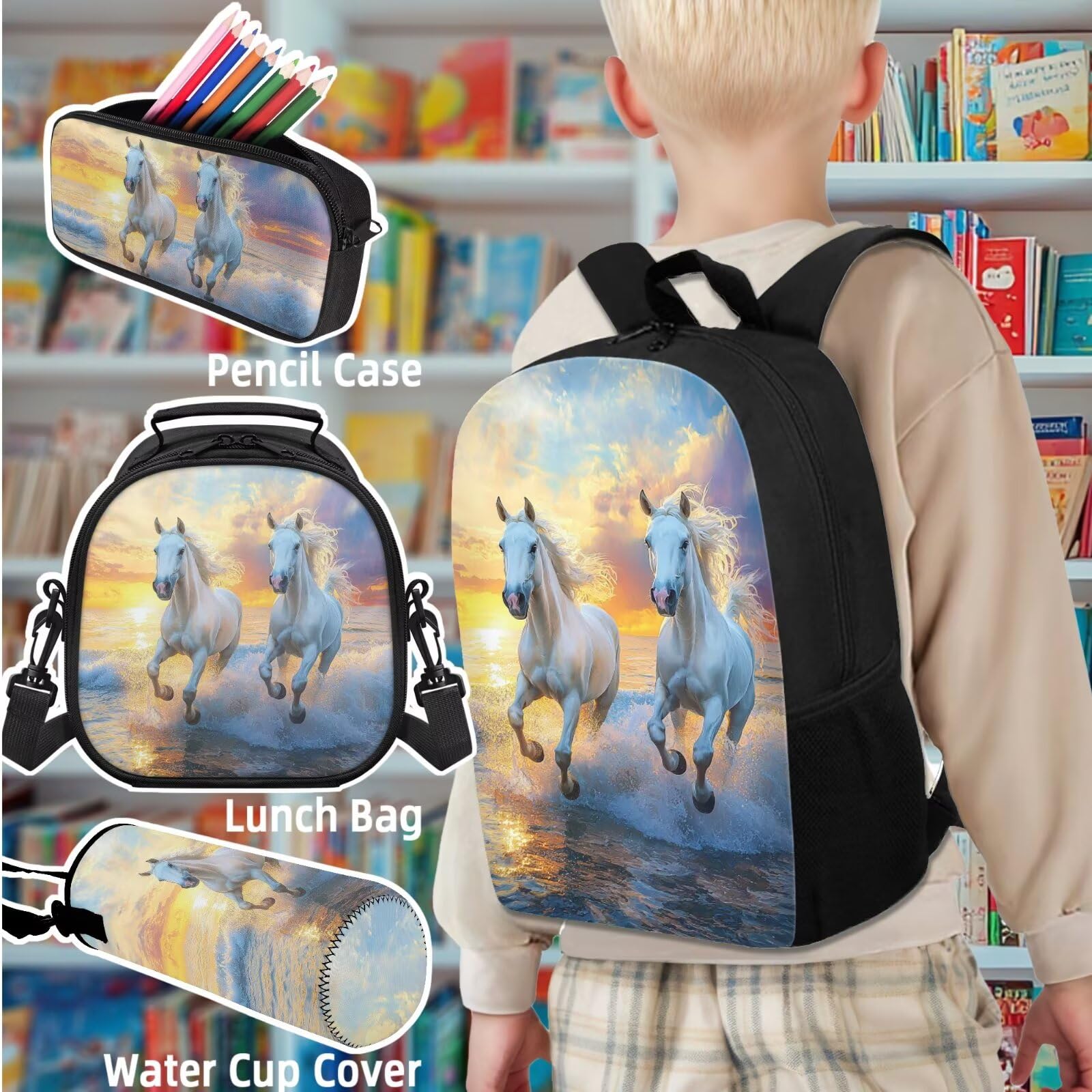Juegos de mochilas escolares para niños con lonchera y botella de agua, mochila de viaje para niños y niñas, Estampado de caballo, Talla única