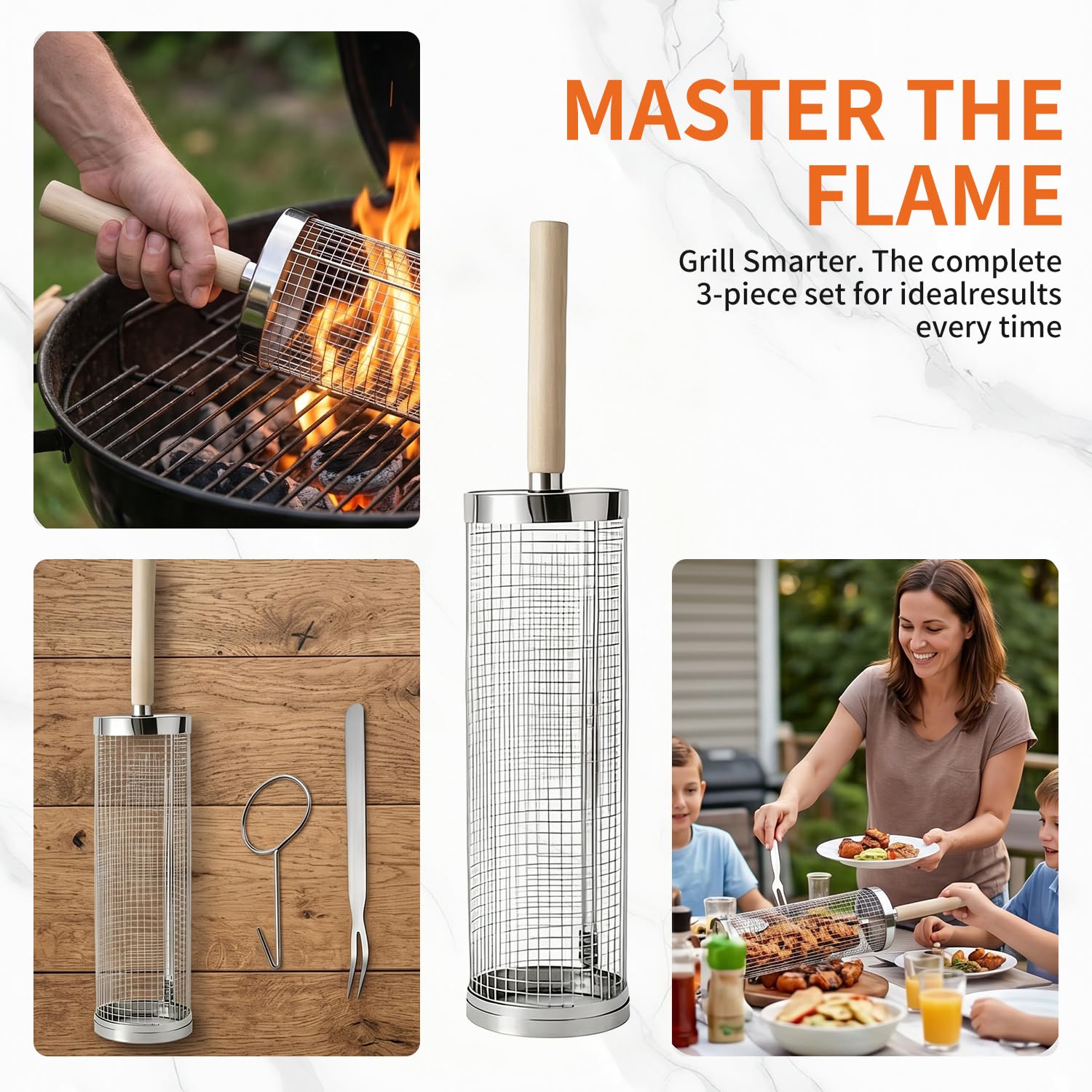 Rollbarer Grillkorb, Edelstahl-Grillkorb mit Holzgriff, tragbarer, drehbarer Grillkorb für Outdoor-Küche, Gemüse, Pommes frites, Fleischbällchen und Camping-Grillen