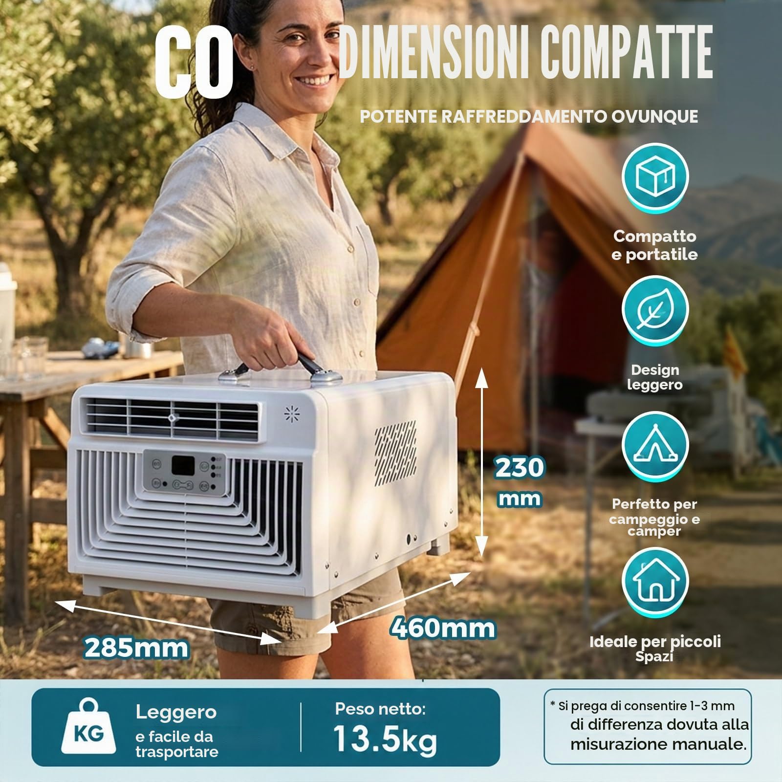 Mini Condizionatore Portatile con Vero Compressore, Climatizzatore da Campeggio 2700 BTU, 3-in-1 Raffreddatore Silenzioso 45dB per tendas, Camper, Va-ns e Avventure all'Aperto