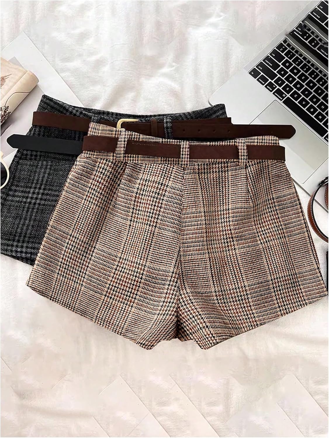 MakeMeChic Women's Plaid Dressy Shorts Business Houndstooth Mini Shorts with Belt - Image 2