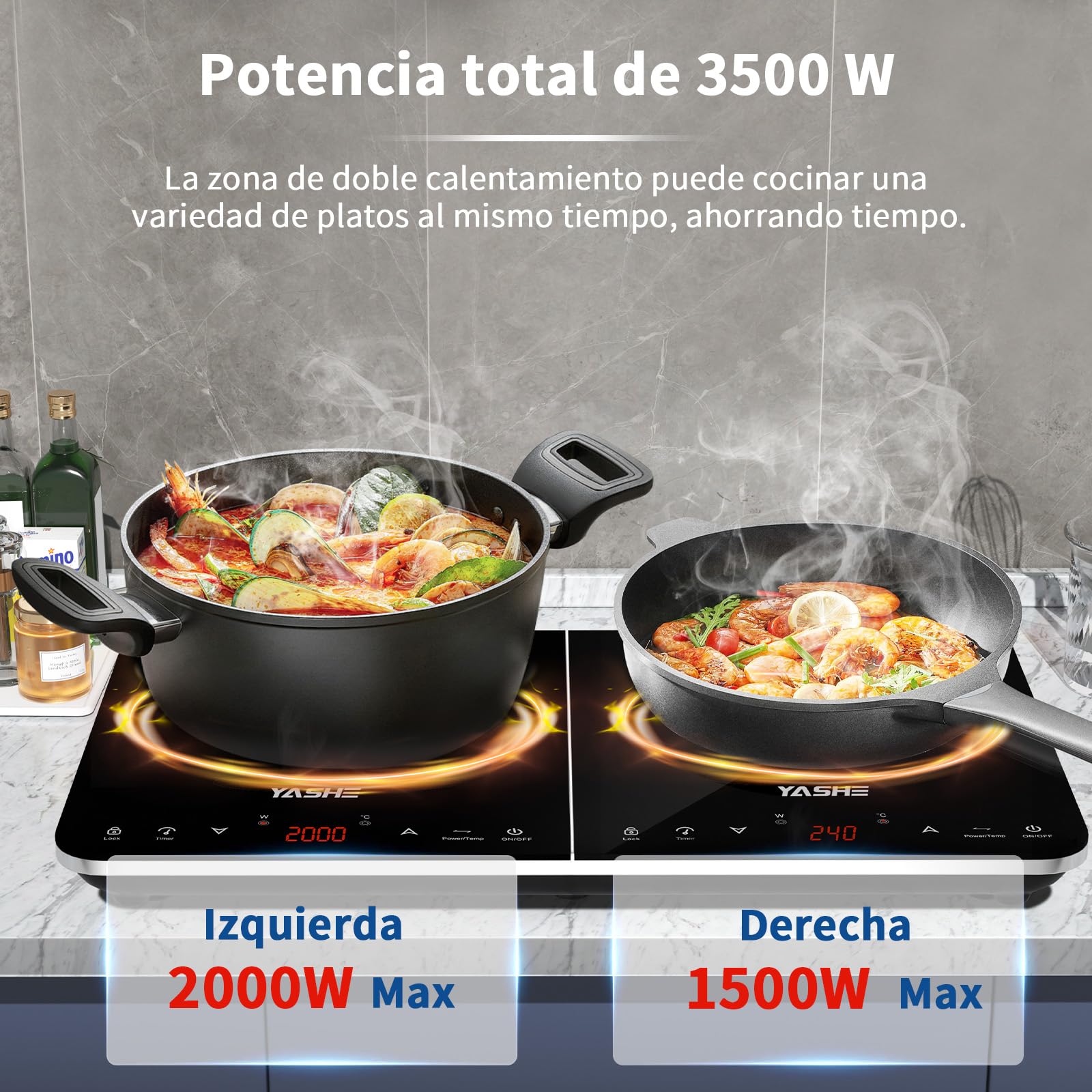 YASHE Placa de inducción- Placa de inducción de doble cara, 10 ajustes de potencia y 10 ajustes de temperatura, placa de inducción de 3500 W con 2 discos, temporizadores, bloqueo de seguridad