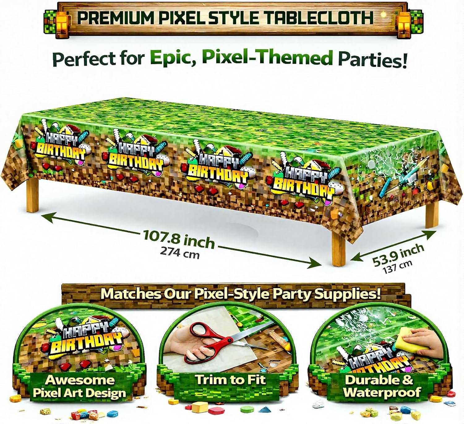 Pixel Game Birthday Party Decorations - Miner Supplies Set Gaming Theme - Including Banner Balloons Tablecloth Plates Toppers Napkins Favor Bags - Mining Bday Pack Craft Decor Kit Boys Girls