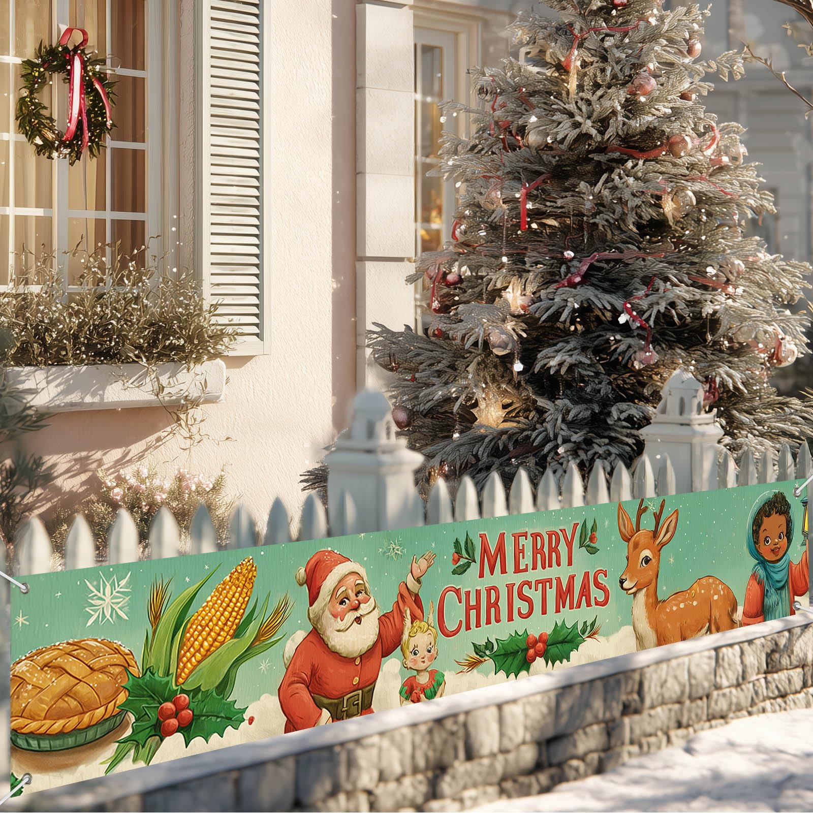 Vintage Merry Christmas Banner 118x20 Inches Retro Holiday Backdrop with Santa Claus Reindeer Child Pie Corn Holly Indoor Outdoor Wall Hanging Winter Party Decoration