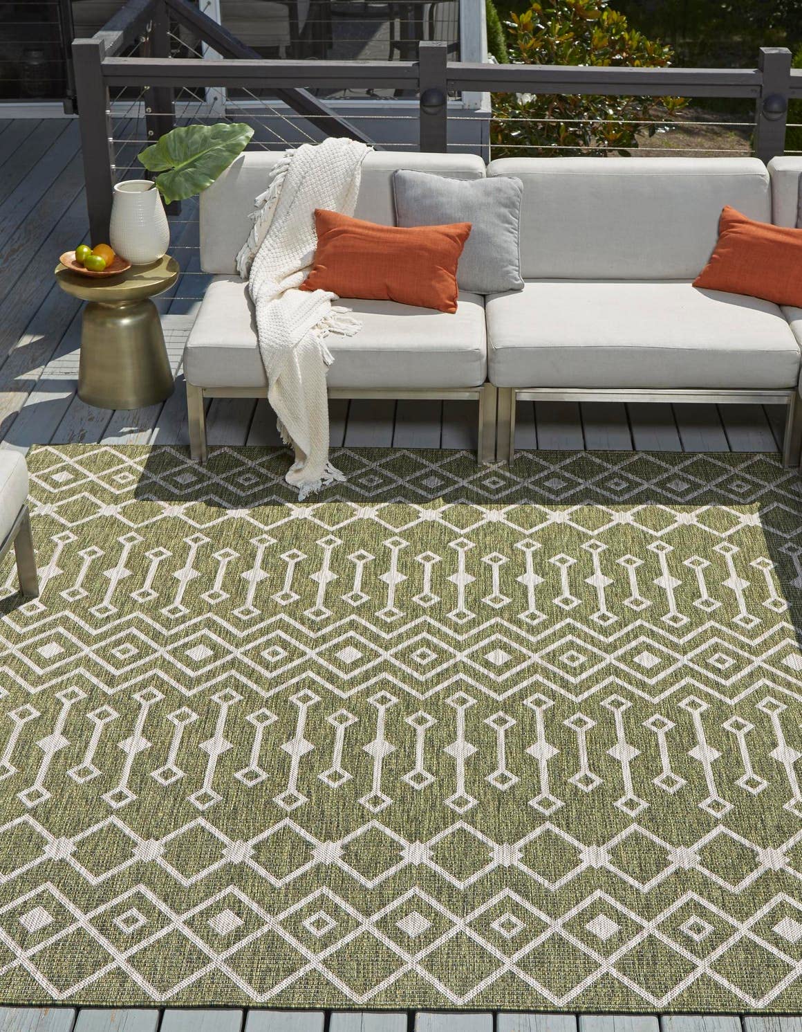 Unique Loom Outdoor Trellis Collection Area Rug - Tribal Trellis (10' 8" Square, Green/ Natural)