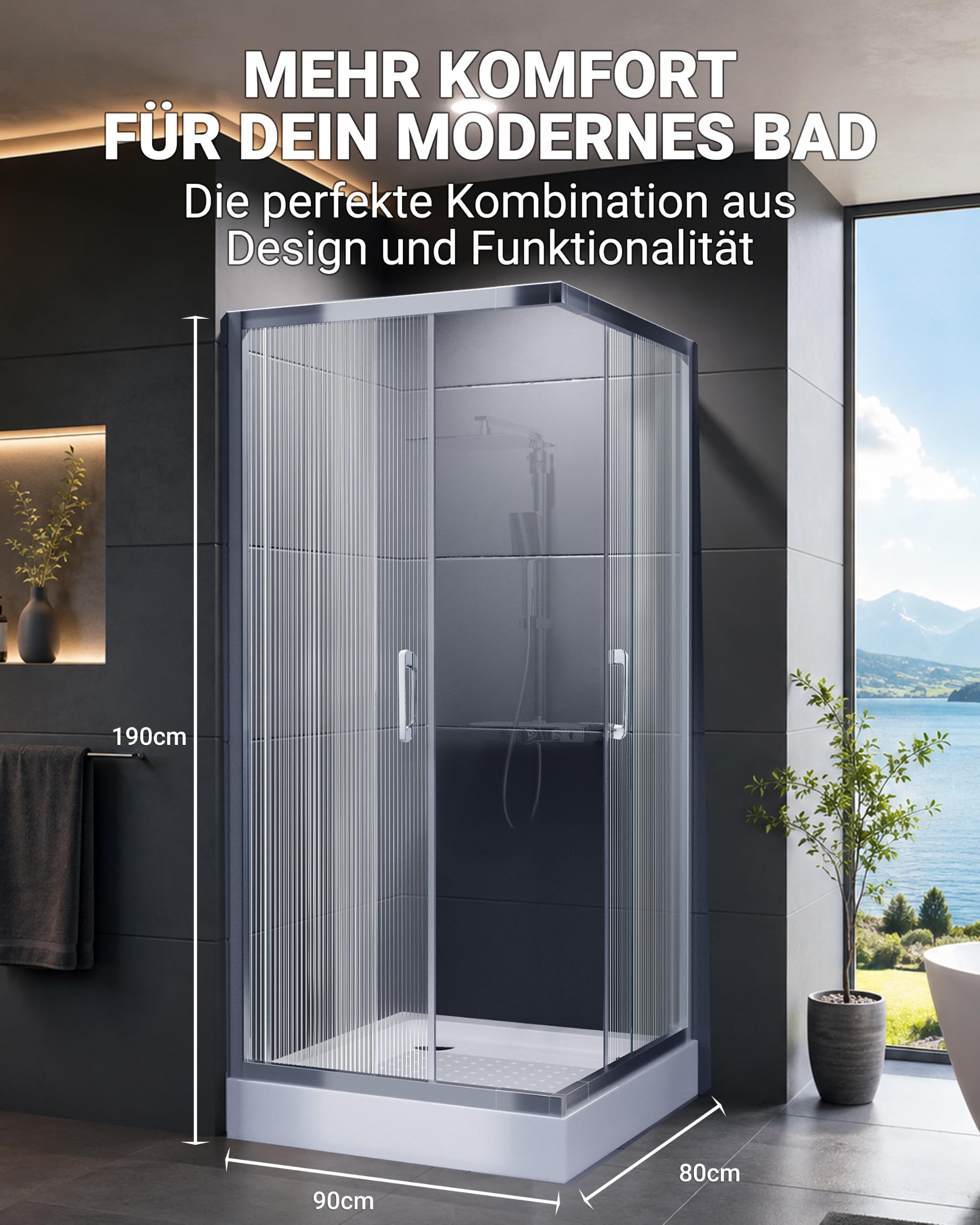 DUSCHMEISTER Echtglas-Duschkabine 80-90 cm Wave Design, Wellenstruktur – Eckdusche Eckeinstieg Schiebetür, Gleittür ESG Sicherheitsglas mit Lotus-Effekt, 190 cm, ausschwenkbare Glastüren zur Reinigung