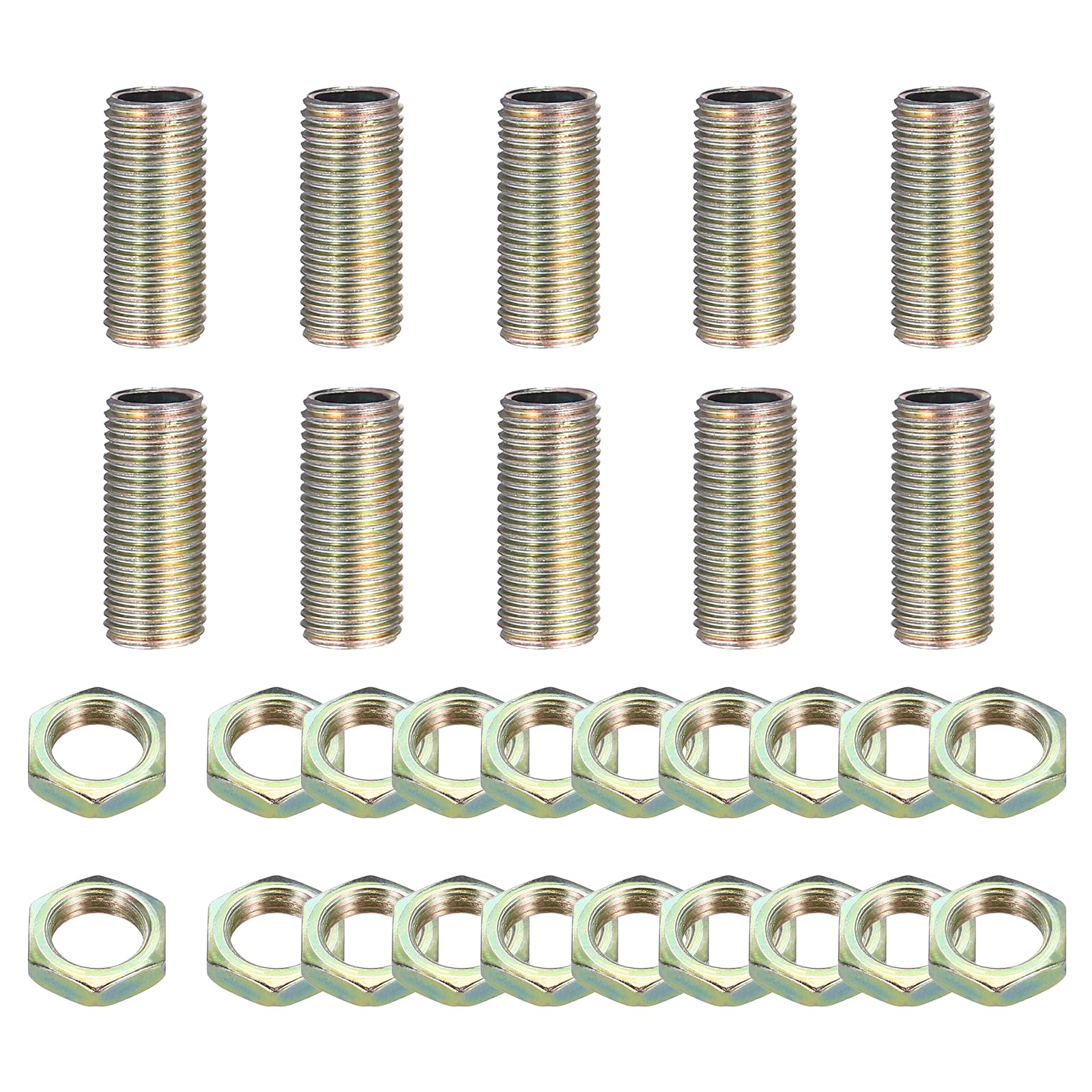 sourcing map 10Pcs 20mm Lamp Pipe Nipples Kit with Lock Nuts, M10x1 Fine All Threaded Hollow Tube Lamp Repair Hardware Fasteners for Chandelier Ceiling Lamps Assembly DIY, Color Zinc