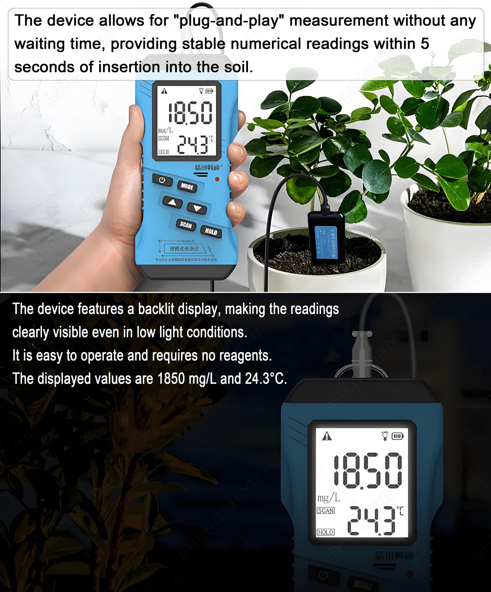 Sensore umidità Terreno, Misuratore Temperatura E umidità | Dispositivo Portatile per Analisi Rapida Del Suolo,Legge Simultaneamente Umidità,Temperatura,Ph,Salinità Ec