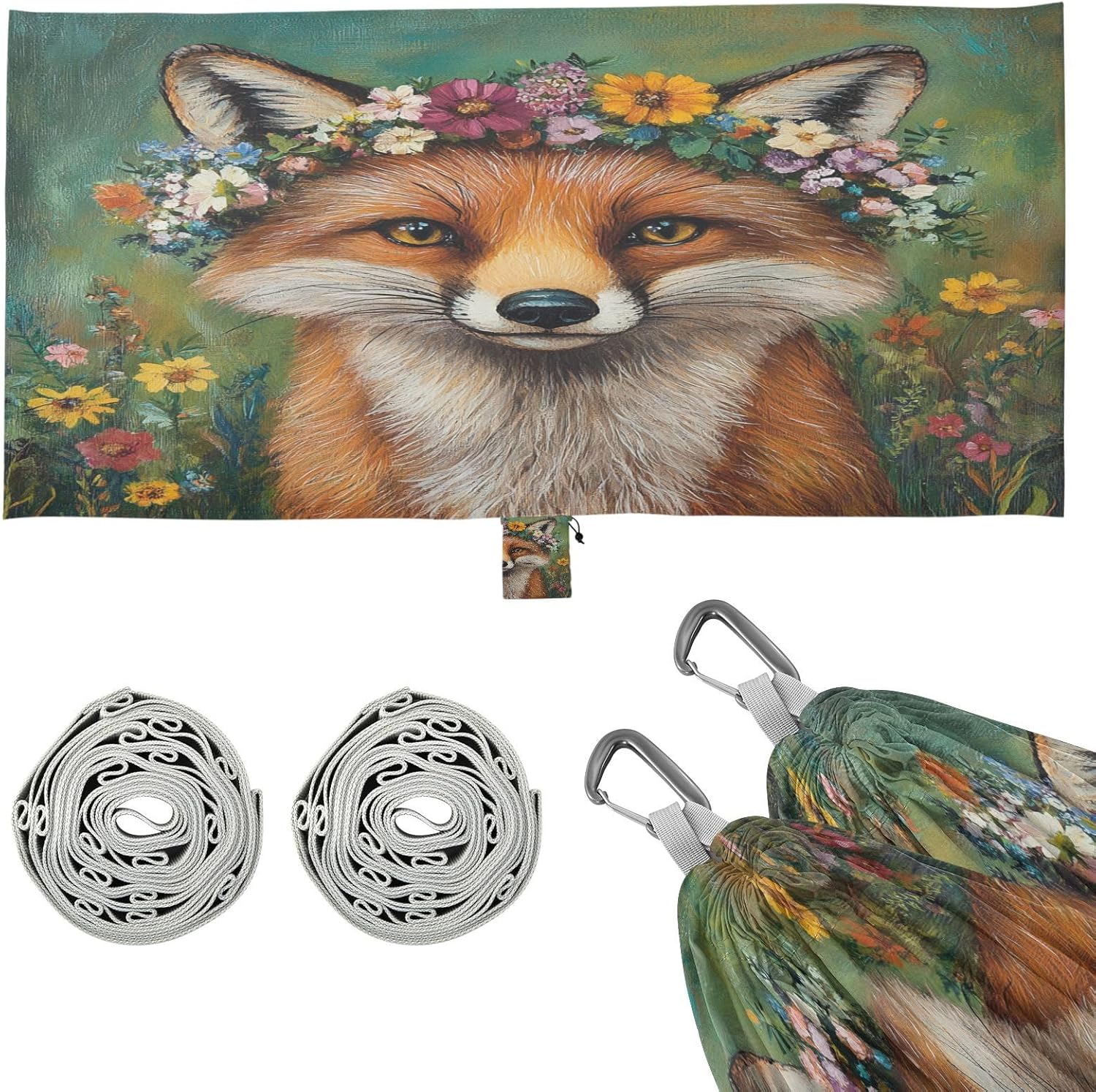 ALAZA Fox with Flower Wreath Camping Hammocks Single or 2 Person 500 lbs Portable Parachute Travel Hammock w/Tree Straps for Hiking Backpacking Indoor Outdoor