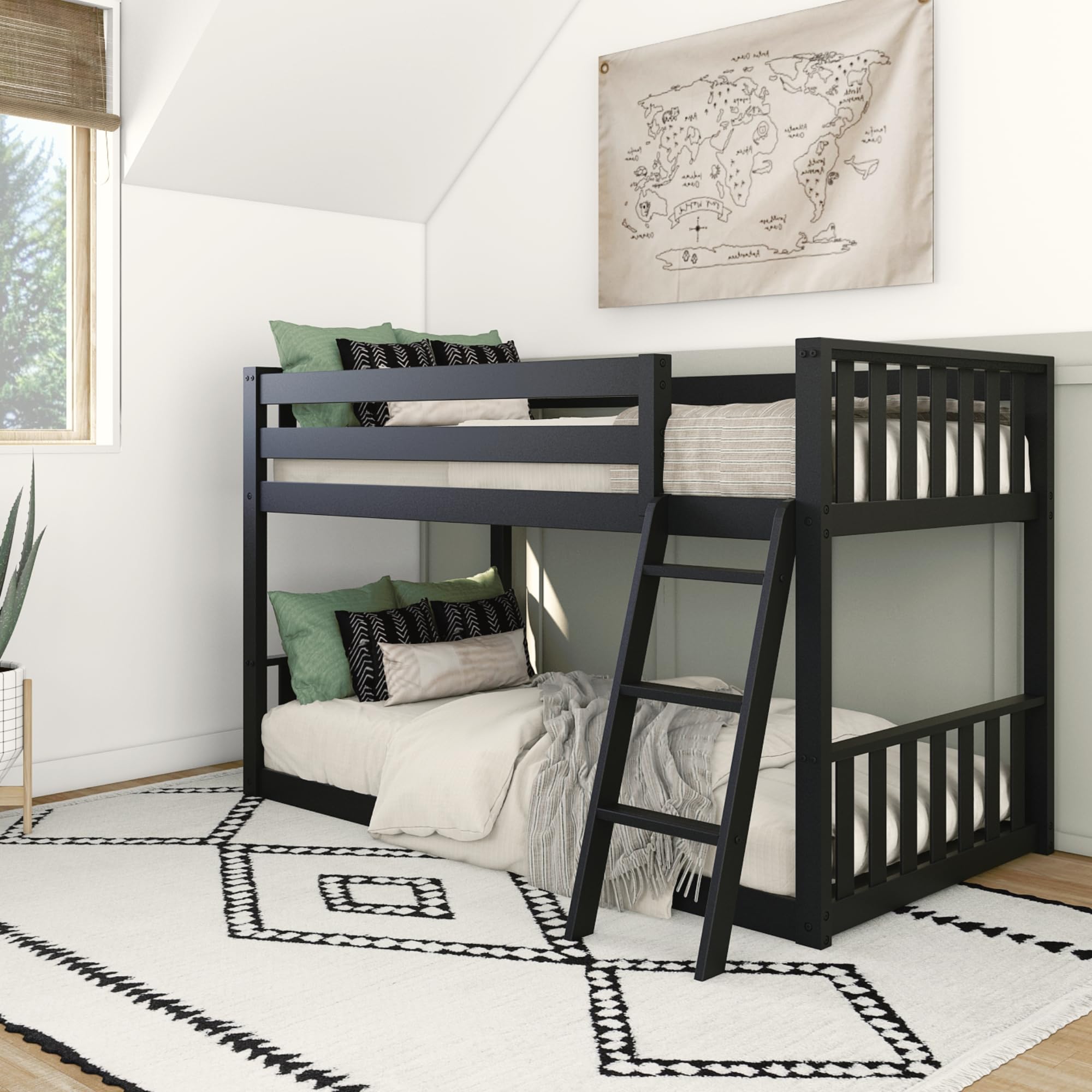 Max & Lily Low Bunk Bed, Scandinavian Modern Bunk Bed, Solid Wood Twin-Over-Twin Bed Frame for Kids, No Box Spring Needed, Black