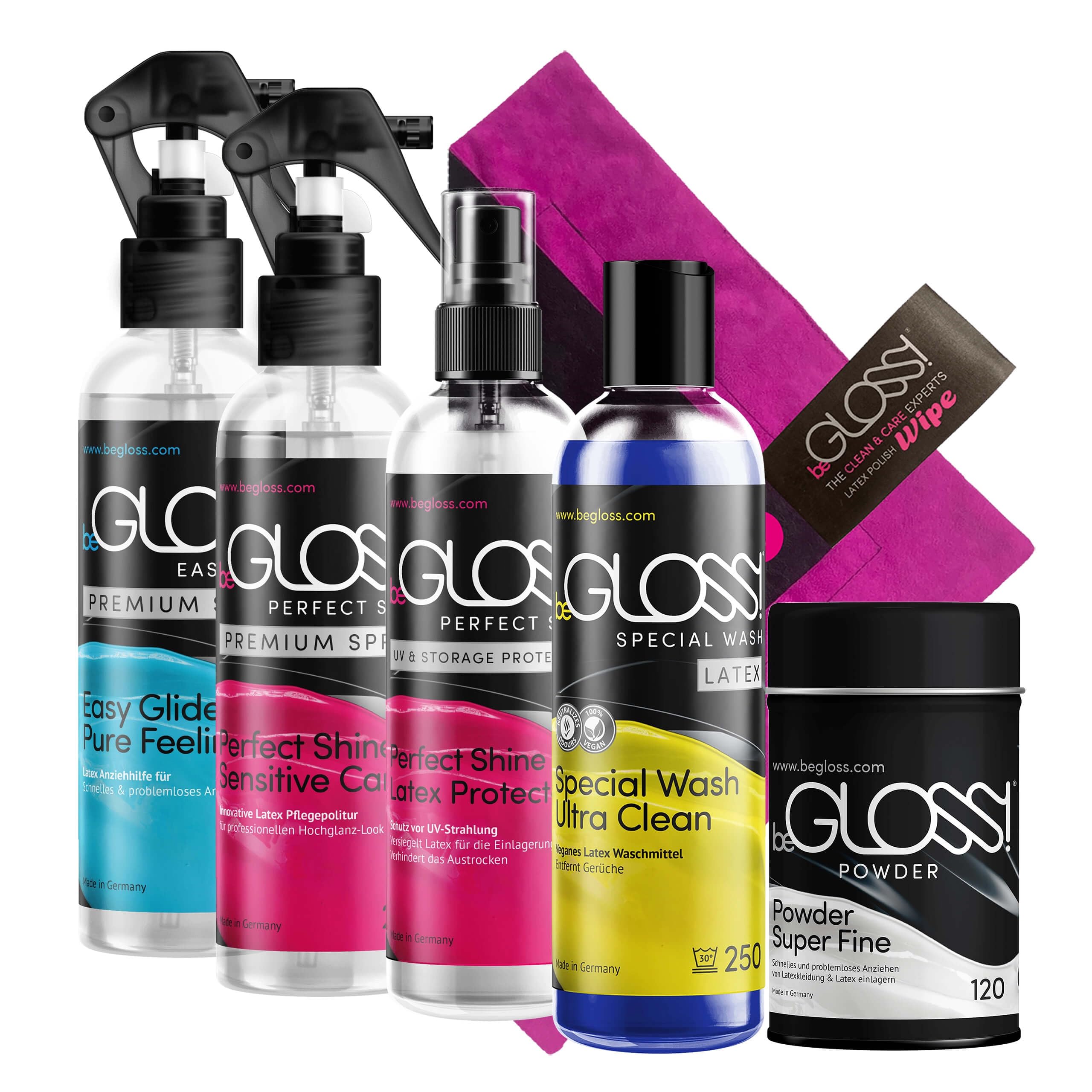 Latex Pflege PREMIUM SET - Latexpolitur Perfect SHINE SPRAY - Special WASH LATEX Waschmittel - WIPE Latexpoliertuch Small - Latexanziehhilfe EASY GLIDE SPRAY + UV & STORAGE Protection Spray