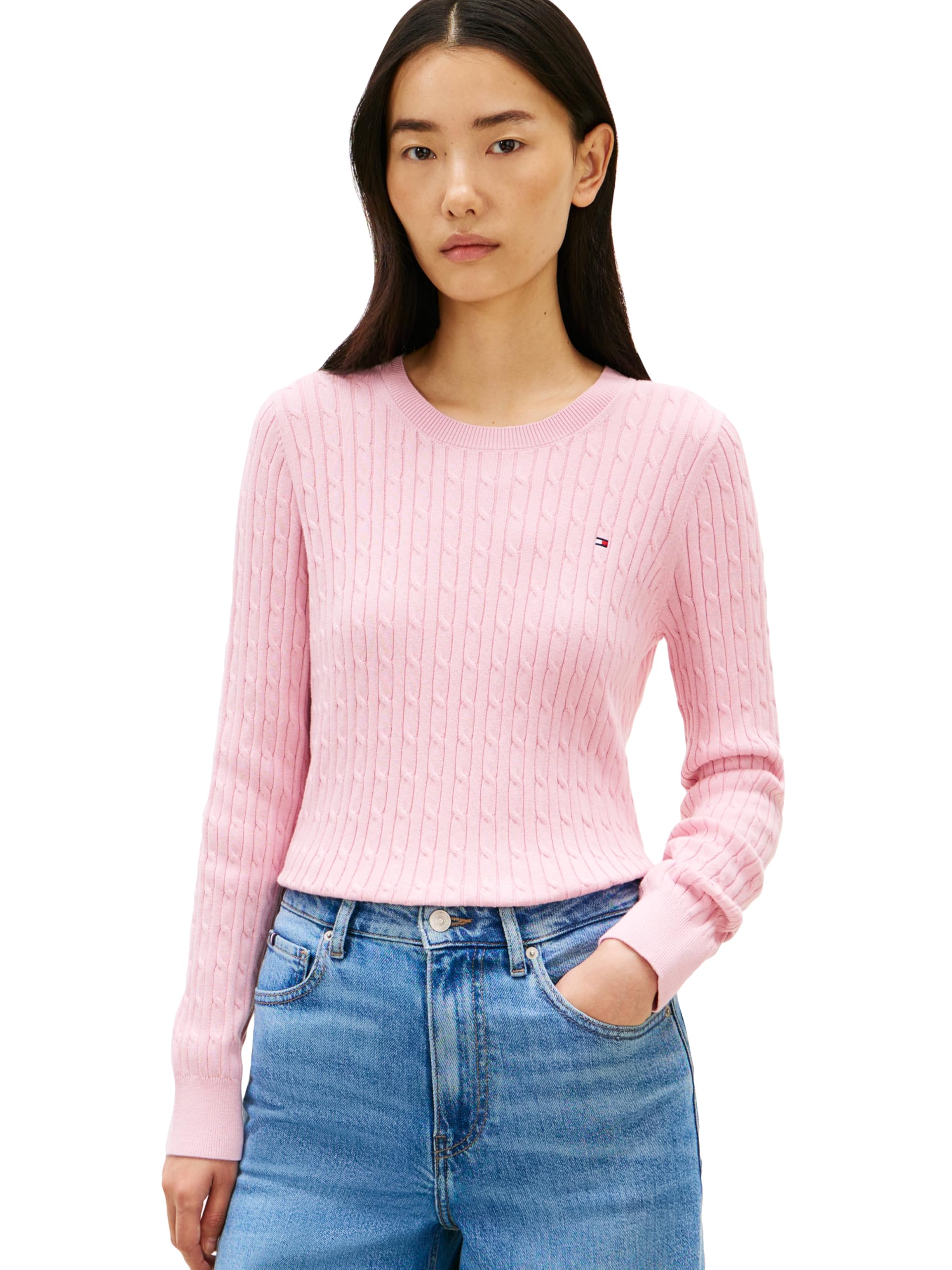 Tommy Hilfiger Women's Cable Knit Crew Neck Sweater Lightweight Pullover