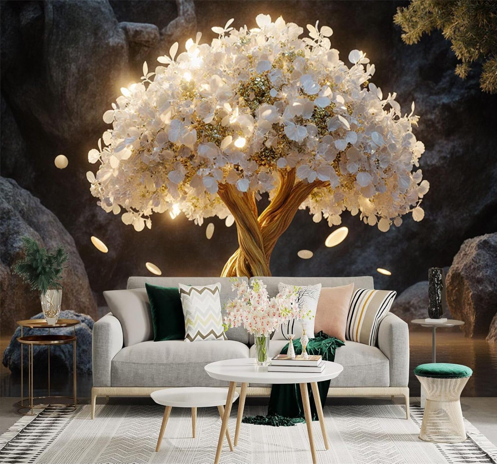 Papier peint en soie premium XLMING au motif arbre de cristal et tronc doré