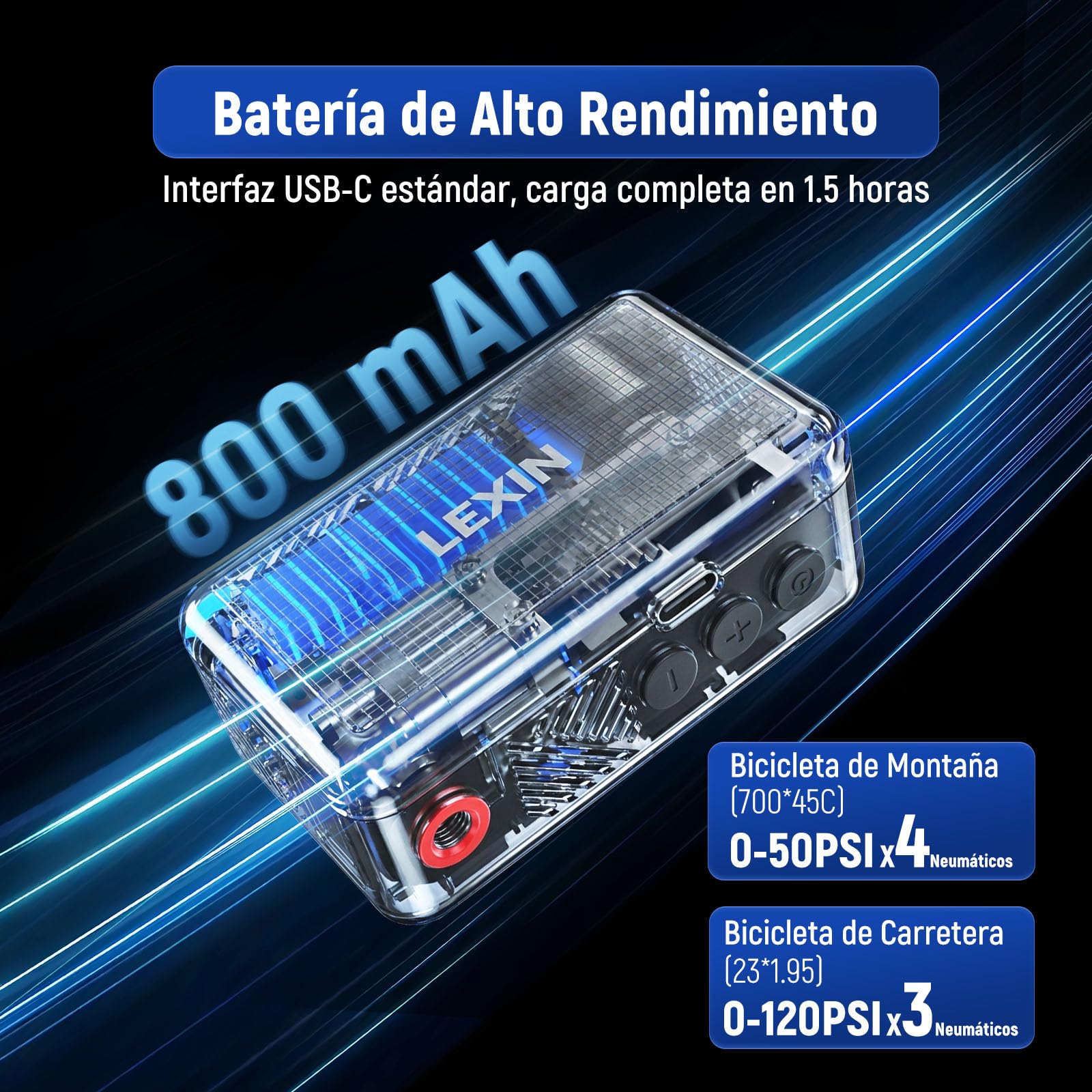 LEXIN P2 Mini Bomba para Bicicleta, 130 PSI, Ultra-Ligero, Pantalla LCD | Compresor Portátil para Bicicleta con Batería 700mAh, Válvulas Presta y Schrader, para Bicicleta/Moto/Bola/Scooter