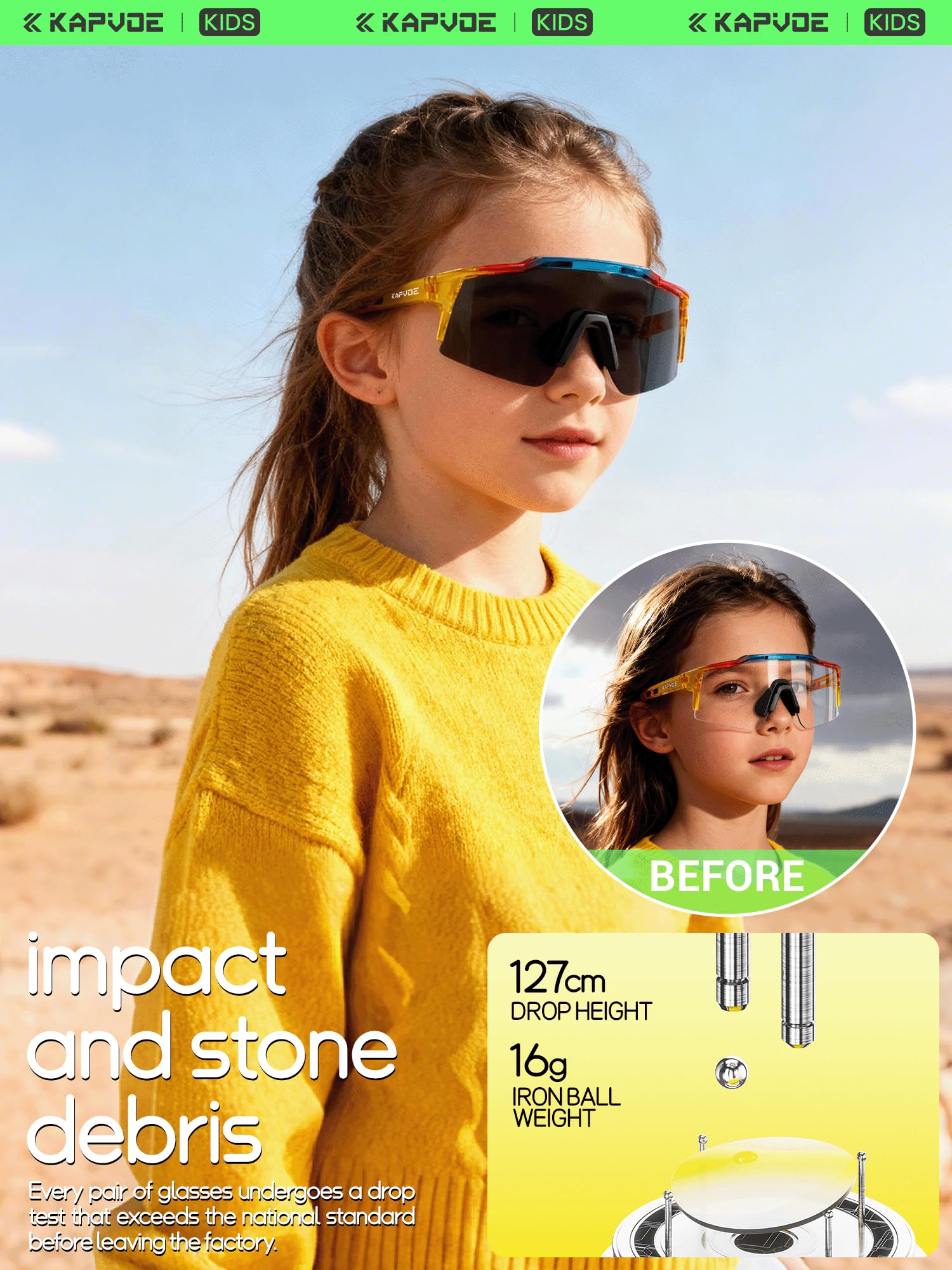 KAPVOE Gafas Para Niños - Fotocromáticas & Polarizadas Gafas de Ciclismo Juvenil Tenis Béisbol Softball Montura TR90 K9028