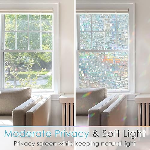 Miniatura 3 de rabbitgoo Película decorativa de privacidad para ventana, diseño de arco iris, adhesivo 3D para ventana, bloqueo solar anti-UV, control de calor,