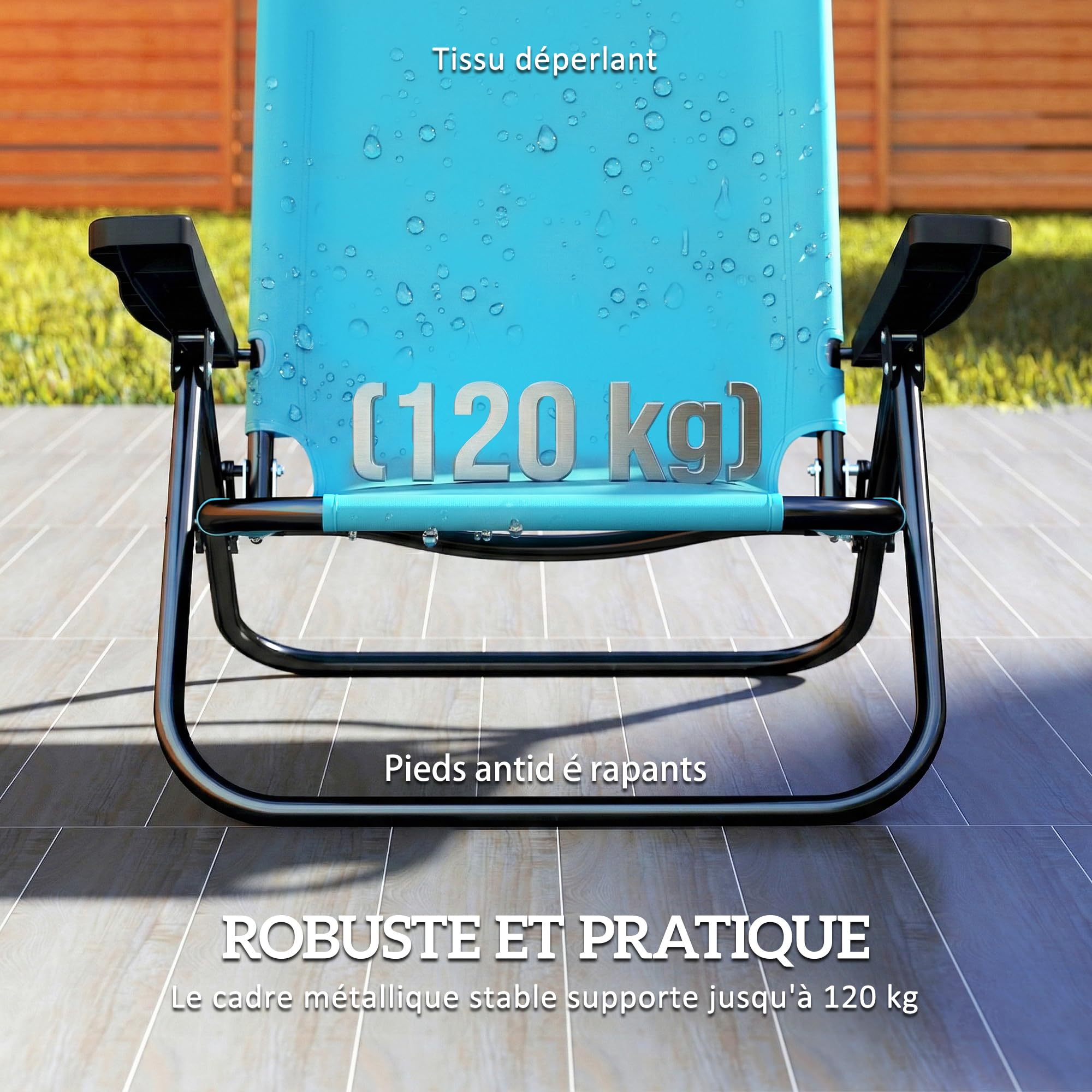 Outsunny Lot de 2 Chaises de Plage Pliable, Chaise Camping Pliante à 5 Positions avec Dossier, Appui-tête et Accoudoirs, pour Jardin Pique-Nique Festival Voyage, Bleu Clair
