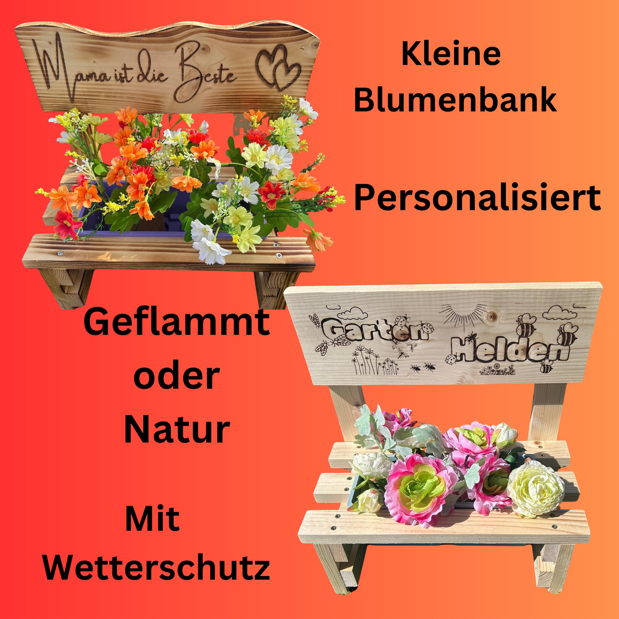 Generisch Kleine Blumenbank aus Holz mit Wunschgravur – Rustikale Pflanzenbank für Innen & Außen – Geschenkidee - Deko für Blumen personalisiert - Outdoor Garten Geschenk Oma Mama Muttertag Hochzeit