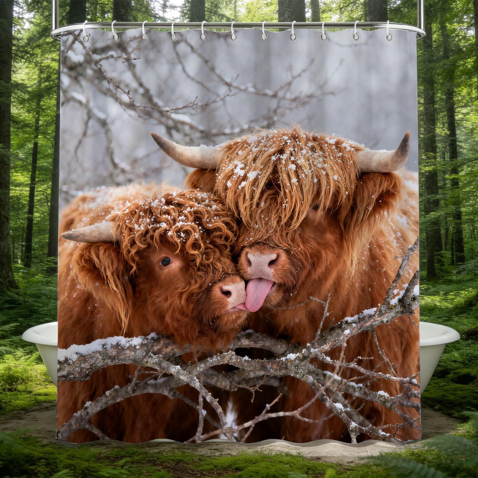 Hongduo 3D Highland Cow Shower Curtain for Stalls Bathtubs Snow Ground Bathroom Decor Shower Curtain Set Polyester Fabric Waterproof 180x180cm/71X71 Inch with Hooks
