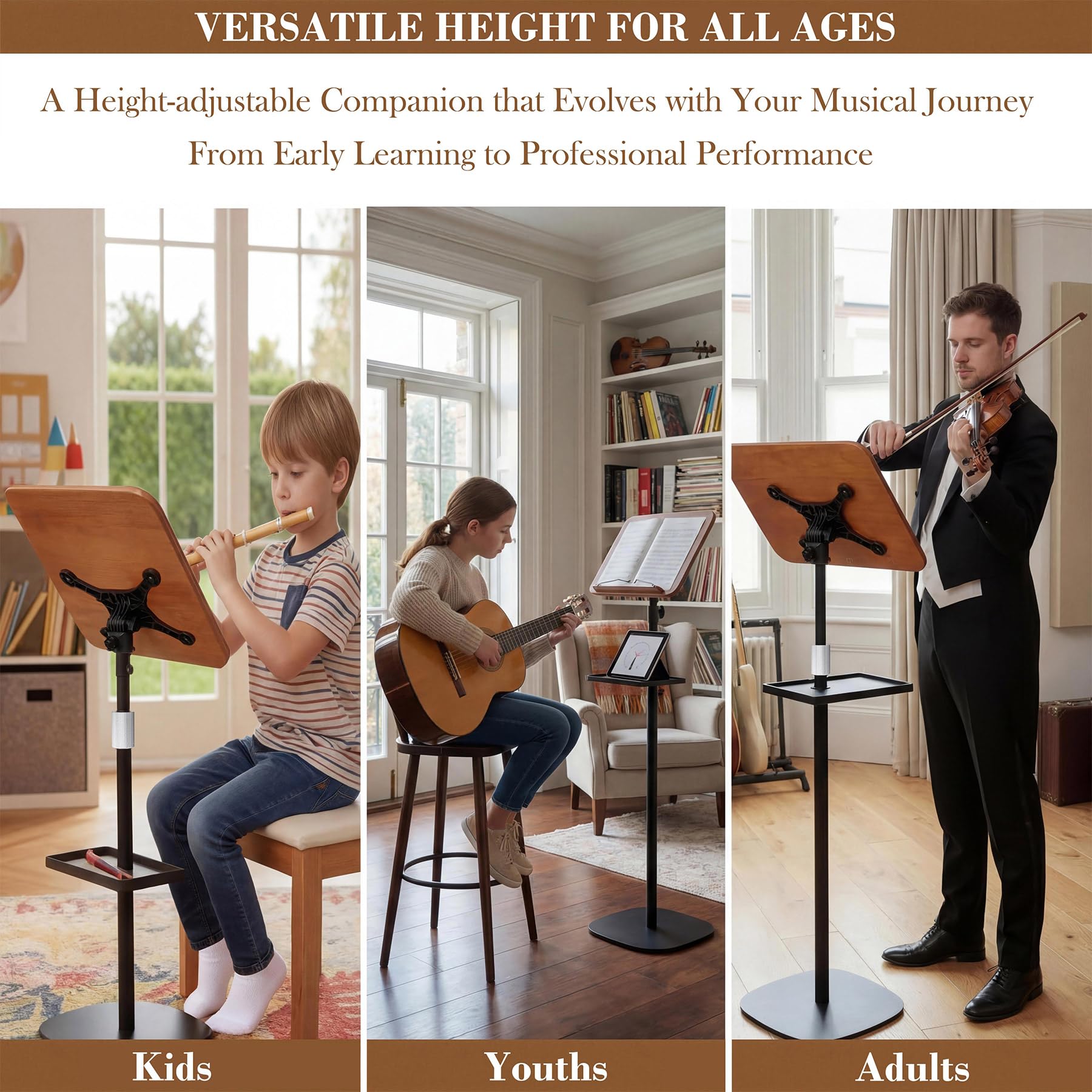 Pupitre pour partitions de musique, hauteur réglable de 60 cm à 140 cm, plateau inclinable à 180°, supports réglables pour s'entraîner à la lecture, au dessin, au travail, base stable pour les