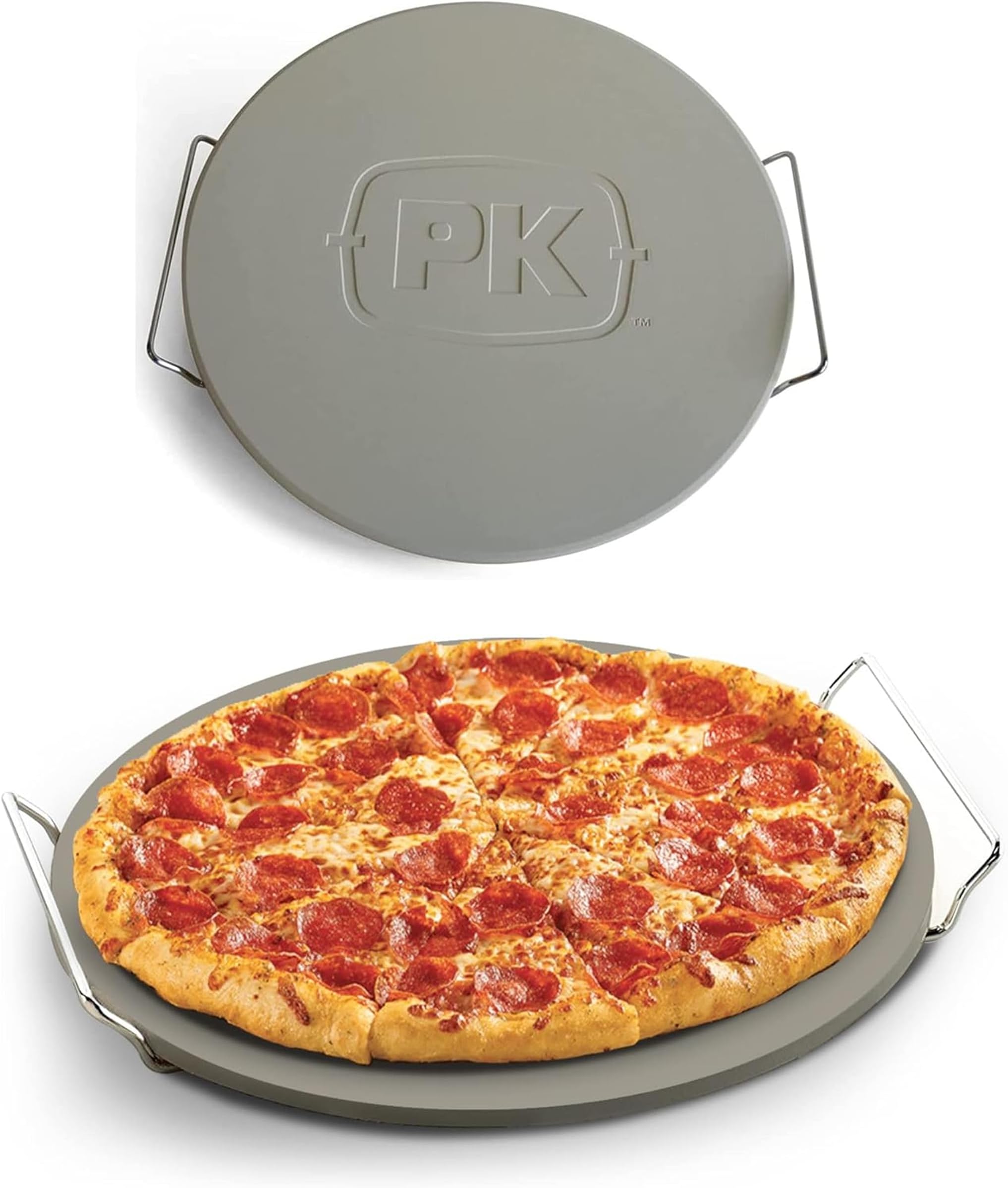 PK Grills 14-inch Round Pizza Stone for Oven, Ceramic Outdoor Baking Pan Stone for Grill, Pies, Pastry, Bread, Pizza Stone for Grill, Thermal Shock Resistant, Large, Includes Rack, PK99070