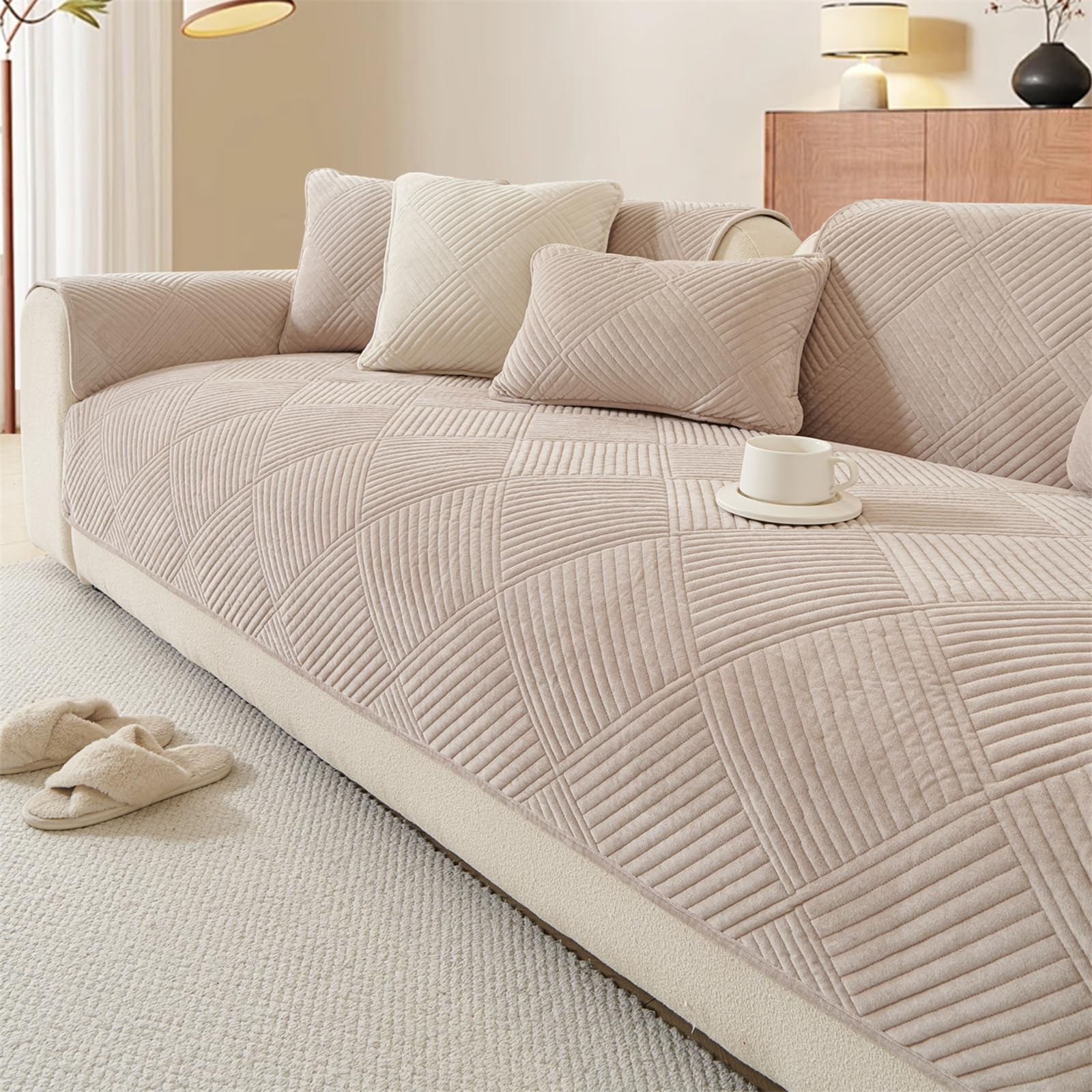 LINGKY Thick Sofa Covers Washable - Soft Milk Velvet Sofa Cover 2 3 4 Seater, Non-Slip Sofa Slipcovers, Sofa Cushion Covers Pet Couch Covers Furniture Protector for Living Room, Khaki,110x180cm