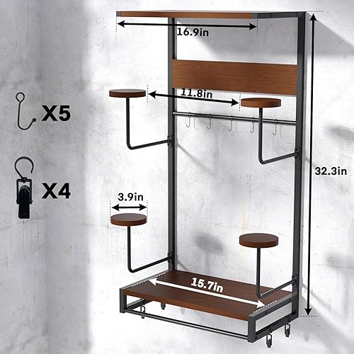Miniatura 8 de Soporte de pared para casco de motocicleta, soporte rústico para casco con 4 soportes para sombreros y 2 estantes de madera, accesorios de