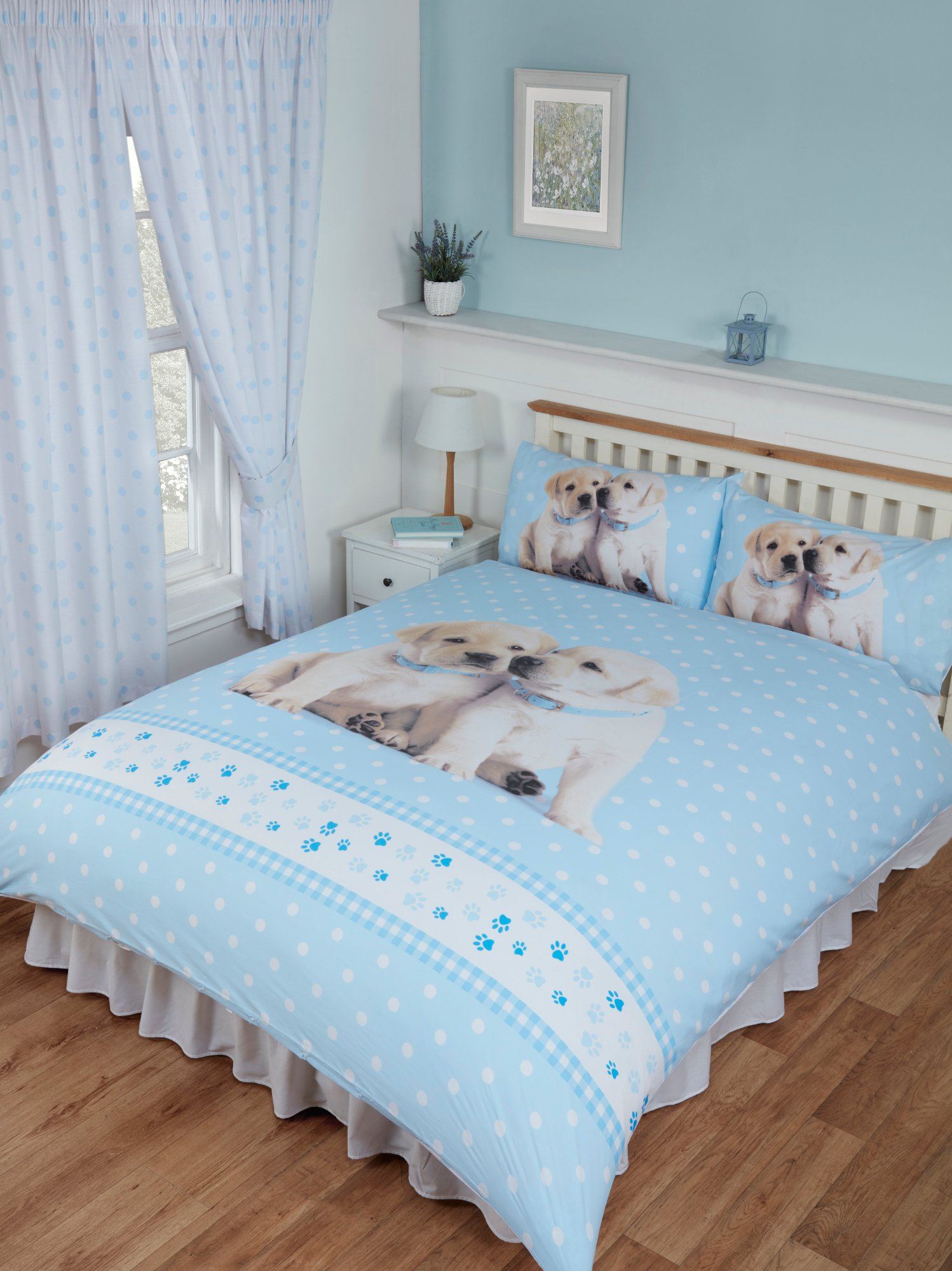 Double Bed Luke & Leia, Rachael Hale Duvet/Quilt Cover Bedding Set Fully Reversible, Labrador Puppies Polka Dot Gingham Paw Stripes Border, Blue White