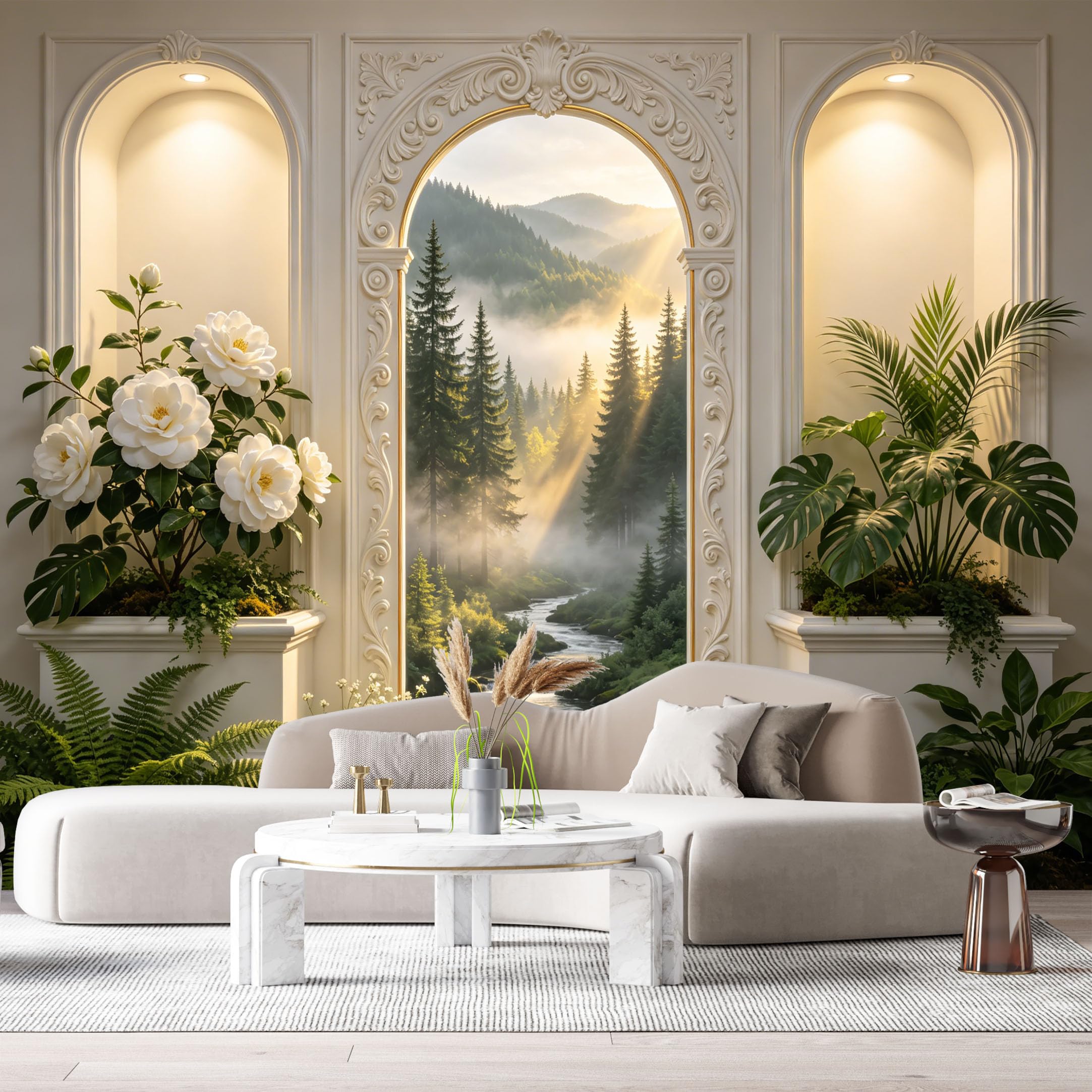 Custom Size Wall Murals 3D Archway Forest River Botanical Neoclassical White Flowers SelfAdhesive Wall Fabric Removable Large Wallpaper for Photo Living Room