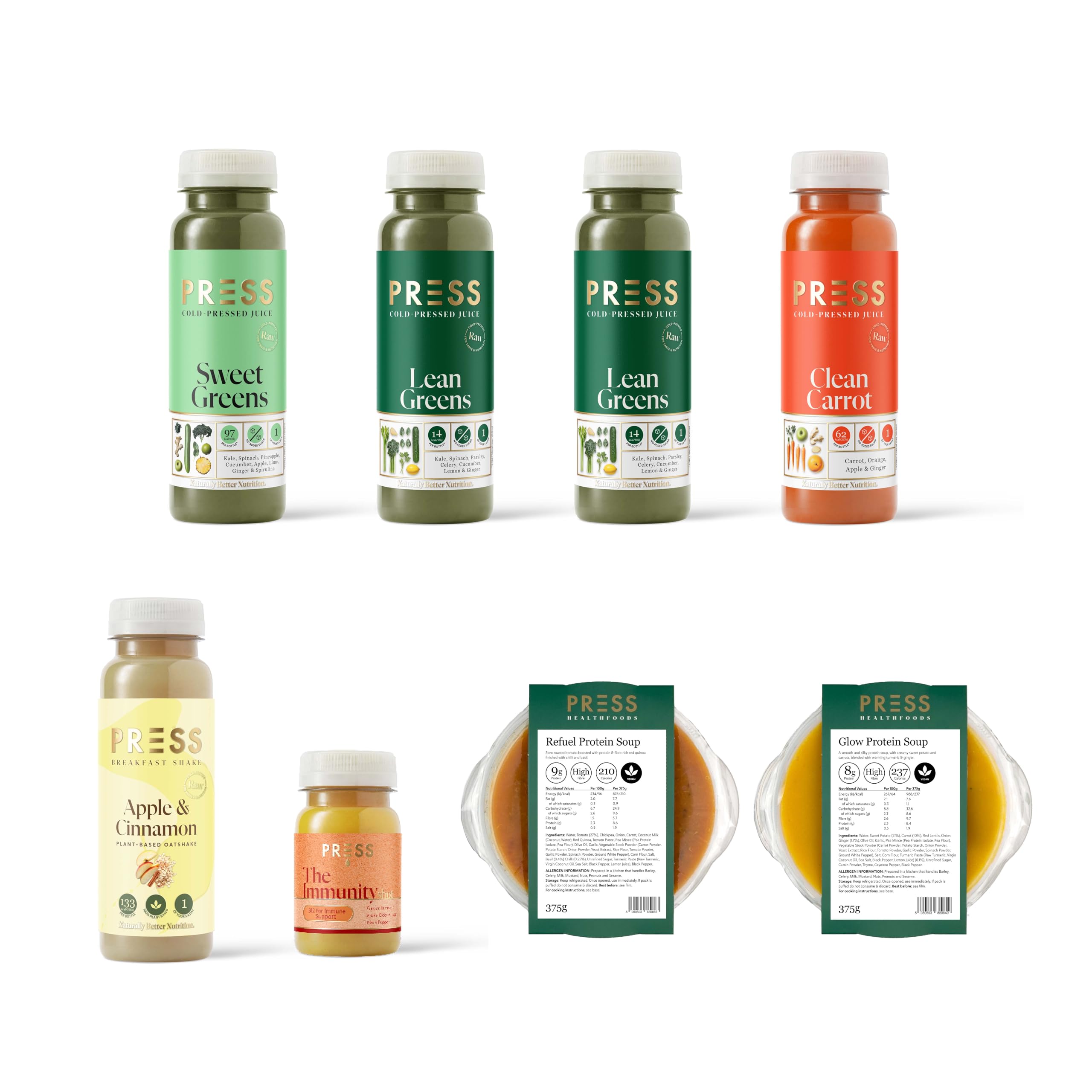 PRESS Healthfoods, 48 Hour Detox Cleanse, Rest Your Body & Mind, Meal Replacement for Weight Control & Health Kick, Contains Green & Carrot Juice, Banana Cashew Milkshake, Ginger Shot & Soups