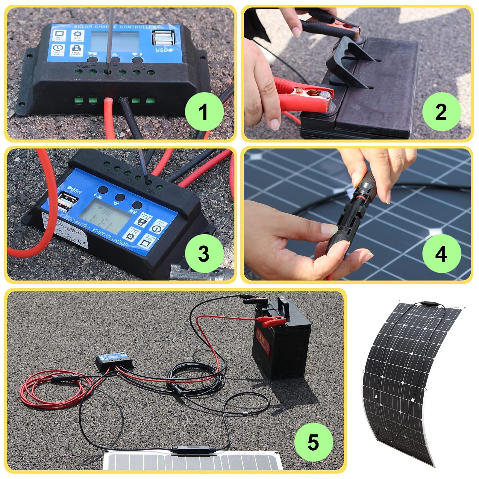 YINGGIANG 30A 12V/24V Controlador de carga solar Controlador inteligente de batería de panel solar con puertos USB duales de 5V Pantalla LCD suministrada con cable PV y cable de clip de batería (30A)